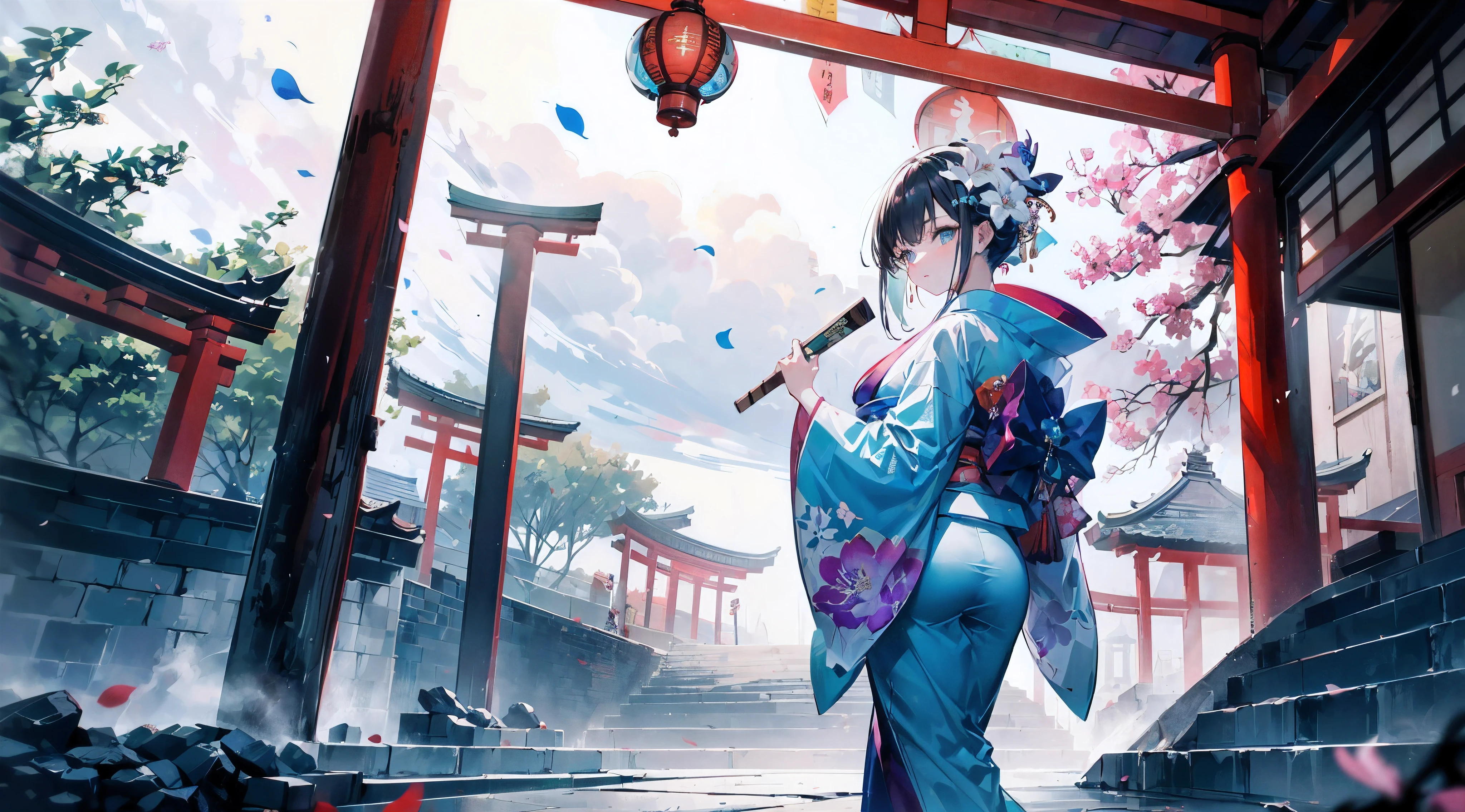 (A 7 year old girl:1.2),Change, (alone), (small breasts), look back at the audience, (wide angle), (white lily flower), aesthetic, complicated, won, cybernetic enhancement, chiaroscuro, best quality, Detailed background, (misty atmosphere:1.2), (cloudy day),((Girl in 棉质kimono:1.2)), 棉质kimono, 棉质kimono, The best wrinkles, best shade, (walked through (雾misty的黑暗禅宗花园)), (real location), Exquisite and beautiful eyes, Casual gestures, Detailed texture, posture, (Anatomically correct body, Detailed face, (非常Detailed texturekimono) with floral pattern), (black hair), thick hair, hair accessories, Common, kimono, Heart, outdoor, pagoda, petal, 青色kimono, sash, shrine, skyporn, stone staircase, torii, wide sleeves, yukata,(cloudy, misty)
