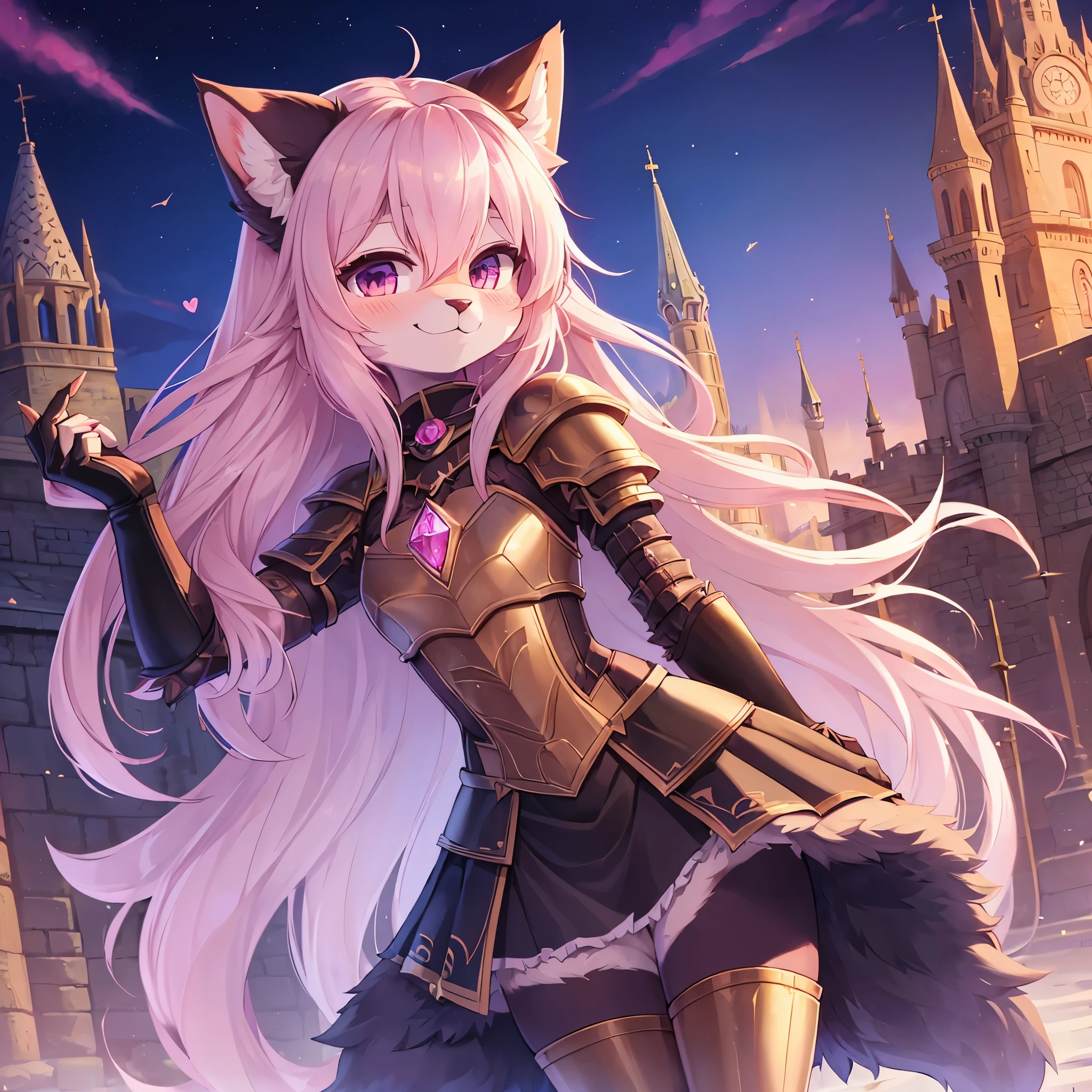 (fluffy anthro furry:1.5),(young:1.6),cat girl,pink long hair,smile,blush,iron armor with magical gem in chest,mini skirt,iron graves,iron gloves,castle background,light beamusing a big shiled with diamond ornament