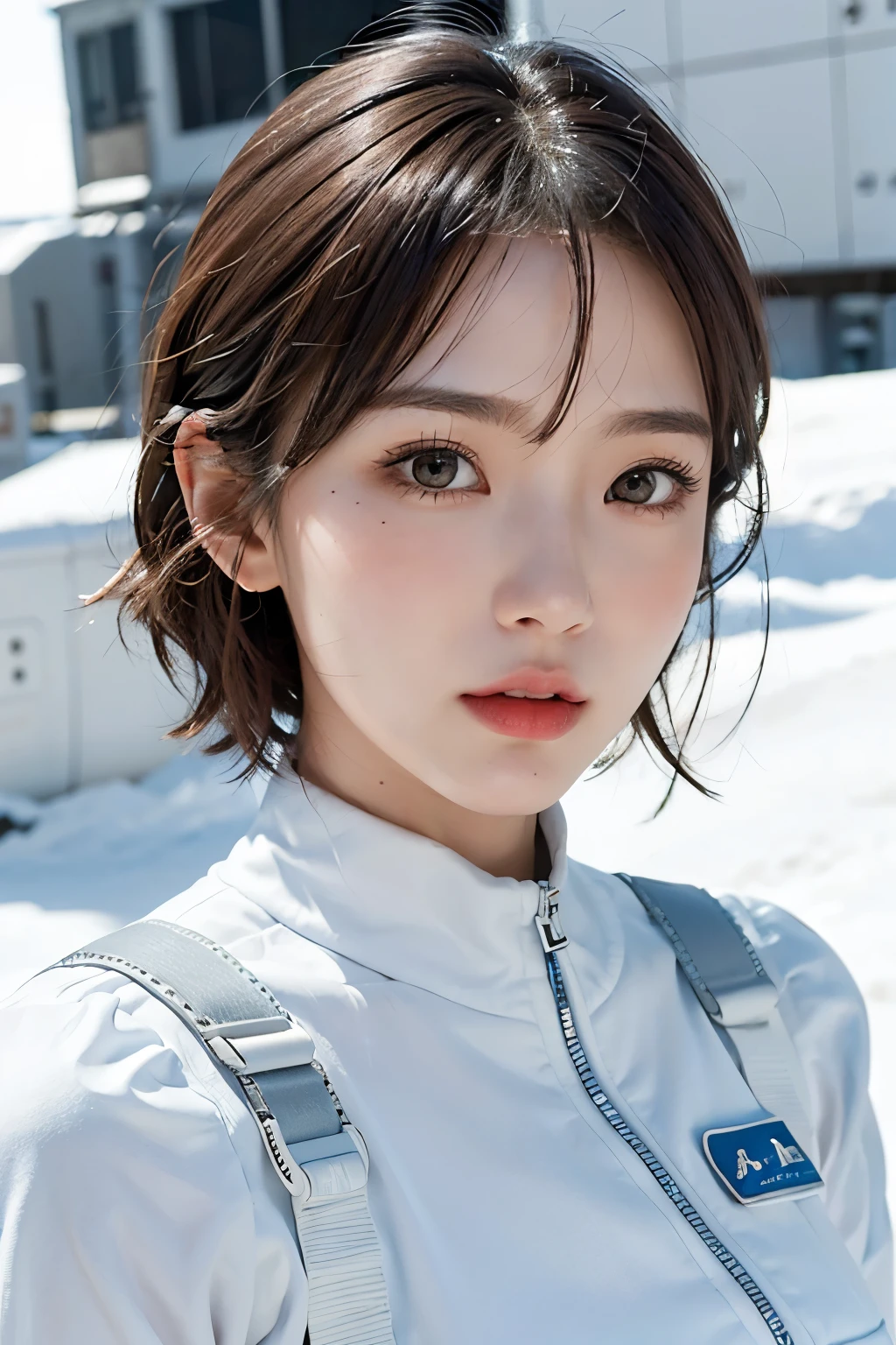 highest quality、masterpiece、ultra high resolution、(real:1.4)、Beautiful woman1、Beautiful details of eyes and skin、light brown short cut hair、The perfect spacesuit、spaceship、snow原、snow、