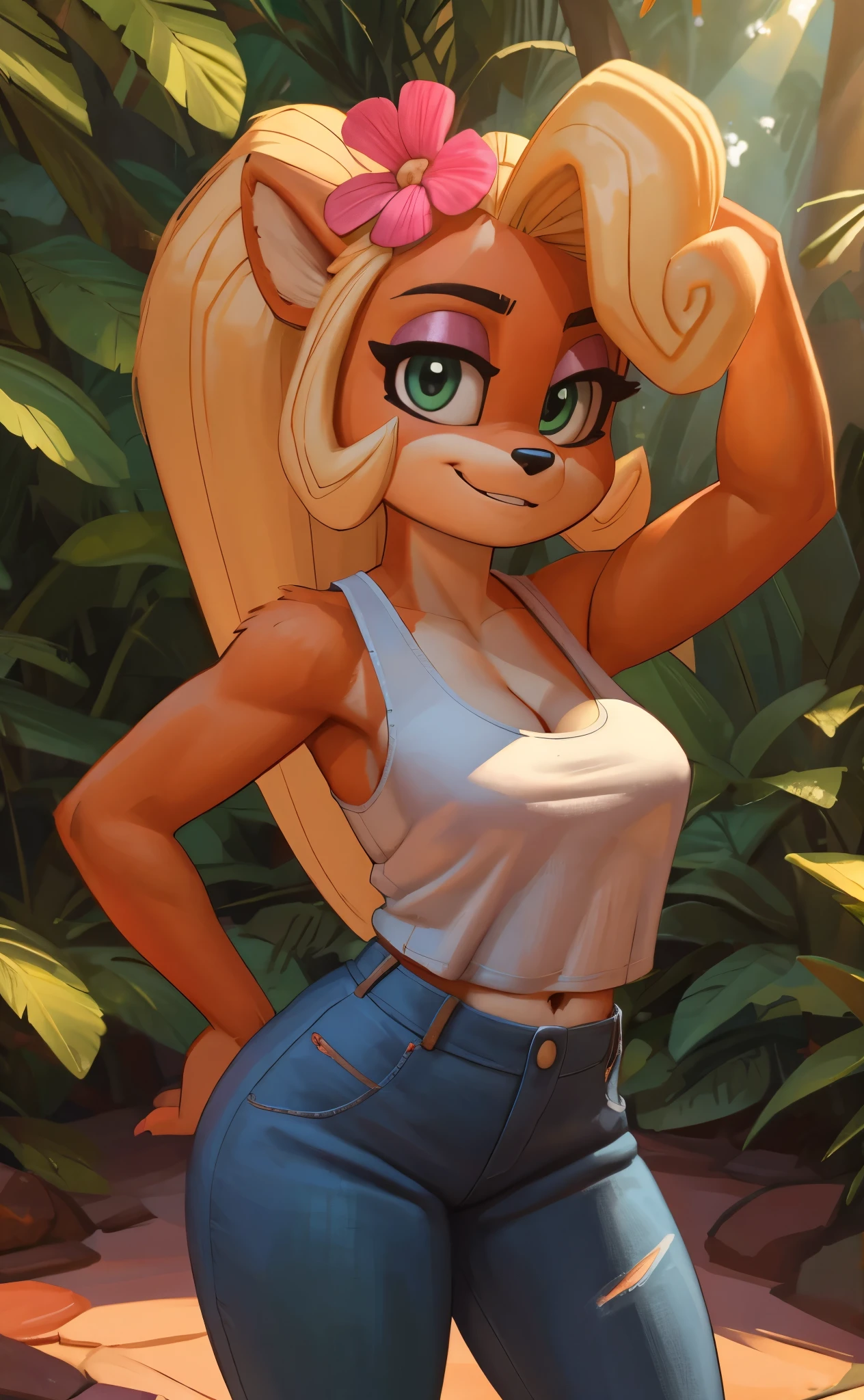 [Coco bandicoot], [Uploaded to e621.net; (Pixelsketcher), (wamudraws)}, ((masterpiece)), ((HD)), ((high res)), ((solo portrait)), ((waist-up)), ((front view)), ((furry; anthro)), ((detailed fur)), ((detailed shading)), ((beautiful render art)), ((intricate details)), {anthro; orange fur, black nose, (cute green eyes), (half-closed eyes), (short eyelashes), (pink eyeshadow), blonde curly hair, curly ponytail, (curvy hips), (beautiful legs), (cute smirk)}, {(white tank top), (navel), (cleavage), (tight jeans), (pink flower in hair)}, {(standing), (looking at viewer)}, [background; (tropical forest), (beaten path), (blue sky), (sun rays), (ambient lighting)]