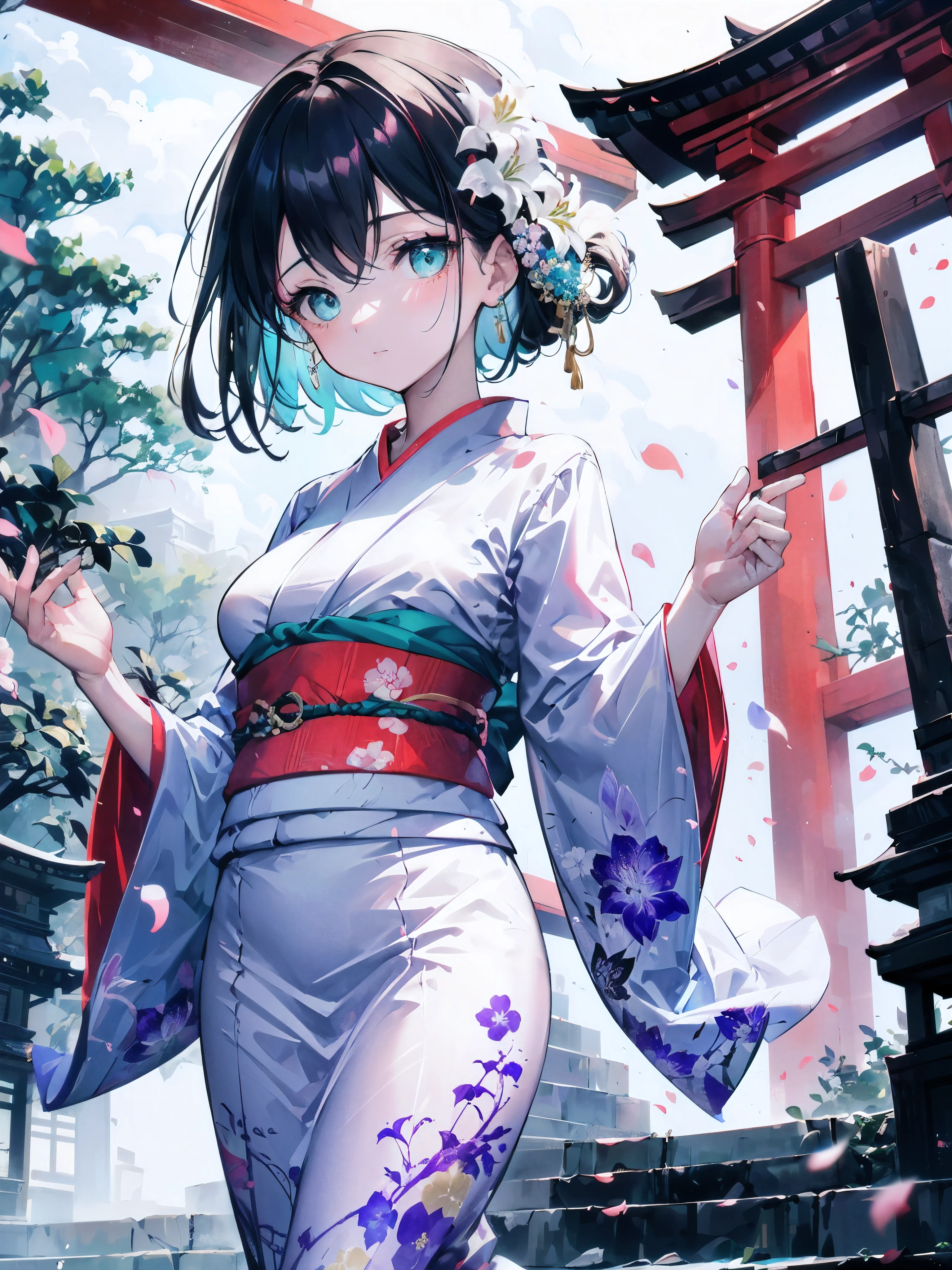 (A 7 year old girl:1.2), (Very young little girl), Change, (alone), (small breasts), (wide angle), (white lily flower), original photo, aesthetic, complex, won, cybernetic enhancement, chiaroscuro, best quality, Detailed background, (misty atmosphere:1.2), (cloudy day),((穿着棉质kimono的女孩:1.2)), 大号棉质kimono, 棉质大号kimono, 很长的kimono袖子, The best wrinkles, real wrinkles, best shade, (walk through (foggy dark zen garden)), (real location), Exquisite and beautiful eyes, casual gesture, Detailed texture, pose, (Anatomically correct body, Detailed face, (非常Detailed texturekimono与花卉图案), (black hair), thick hair, hair accessories, Common, kimono, Heart, outdoor, pagoda, petal, 青色kimono, sash, shrine, skyporn, stone staircase, torii, wide sleeves, yukata,(cloudy, misty)