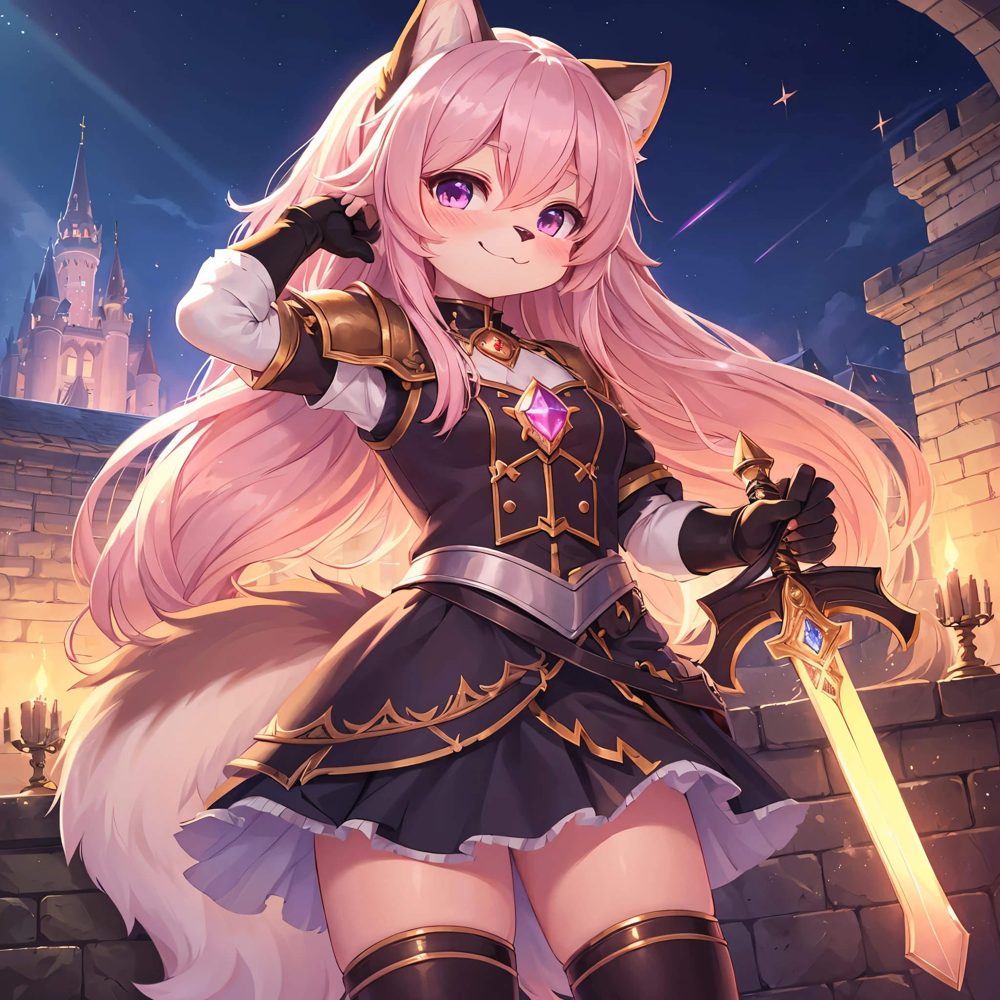 (fluffy anthro furry:1.5),(young:1.6),cat girl,pink long hair,smile,blush,iron armor with magical gem in chest,mini skirt,iron graves,iron gloves,castle background,light beam,,using a big shiled with diamond ornament and sword
