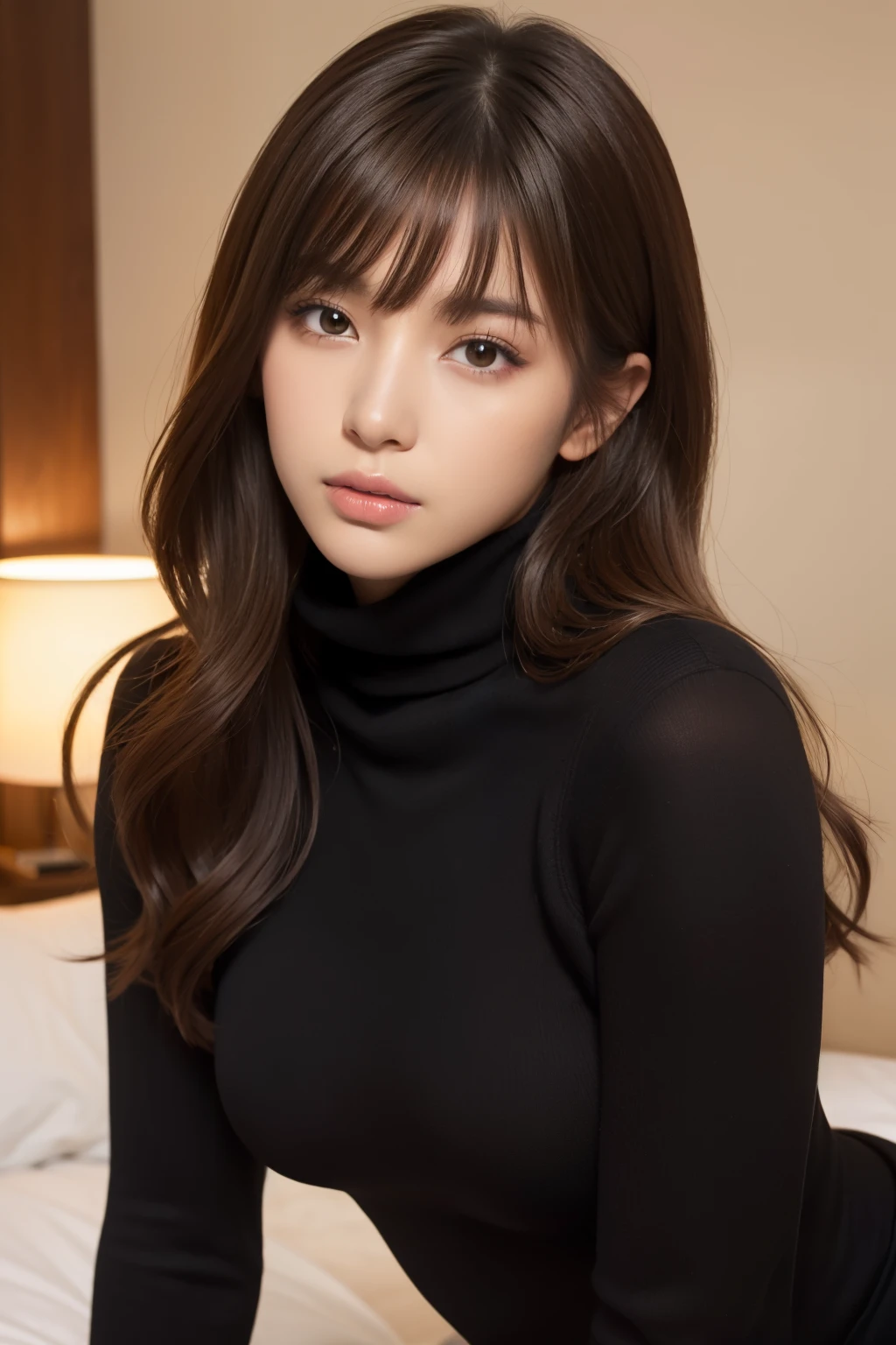 (detailed skin:1.2),(shiny skin:1.1),8k,best quality, masterpiece, ultra high res,(photorealistic:1.4), RAW photo,(soft saturation:1.3),(fair skin:1.2),(1girl,),gyaru,(natural makeup),slim, large breasts,brown hair and brown hair, medium hair, asymmetrical hair, wavy hair, asymmetrical bangs,put on boots,(black turtleneck sweater),bottomless,bed,