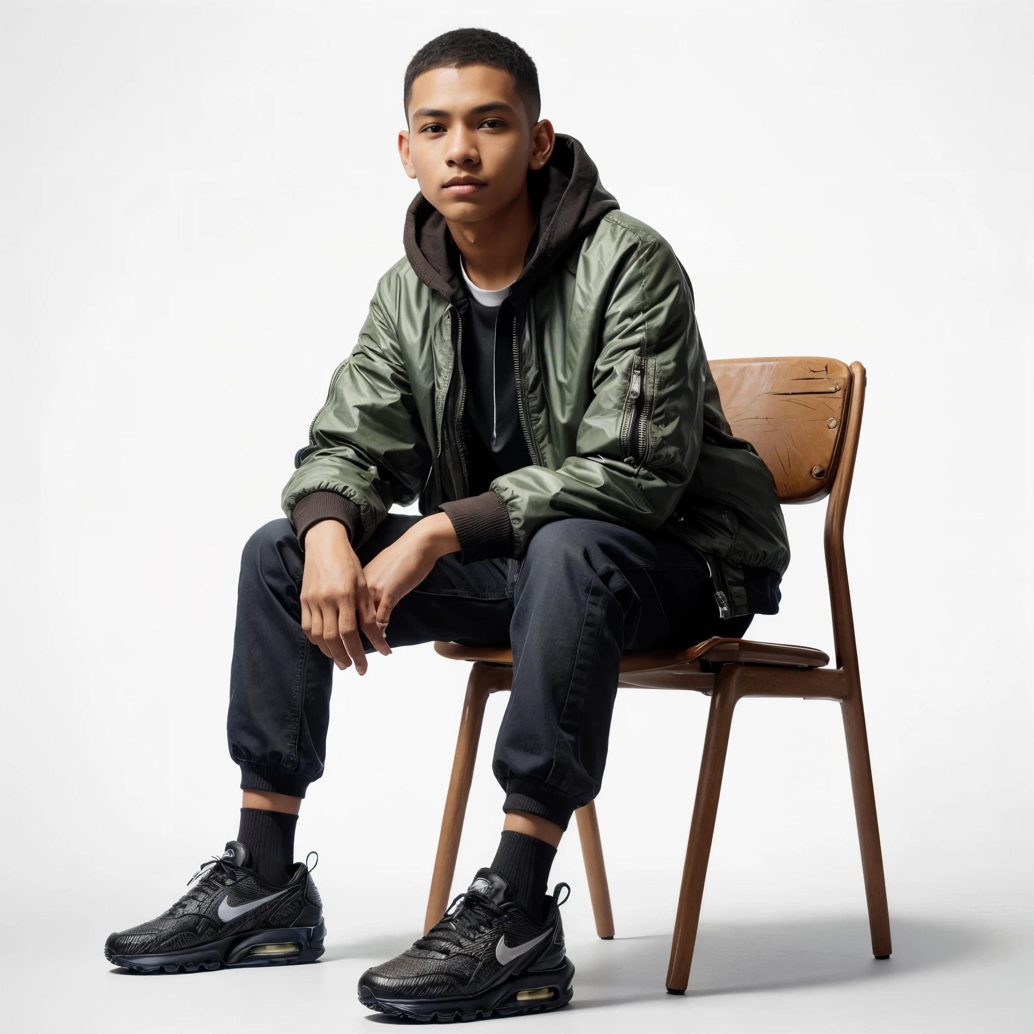 masterpiece of a 15 year old boy (Indonesian) brown skin, jacket, shaved hair in Short Caesar Cut style, wearing Nike (Air Max) shoes, sitting on a chair, in the studio, calm pose, very detailed, bright picture, bright white background, shooting, photography, realistic photo