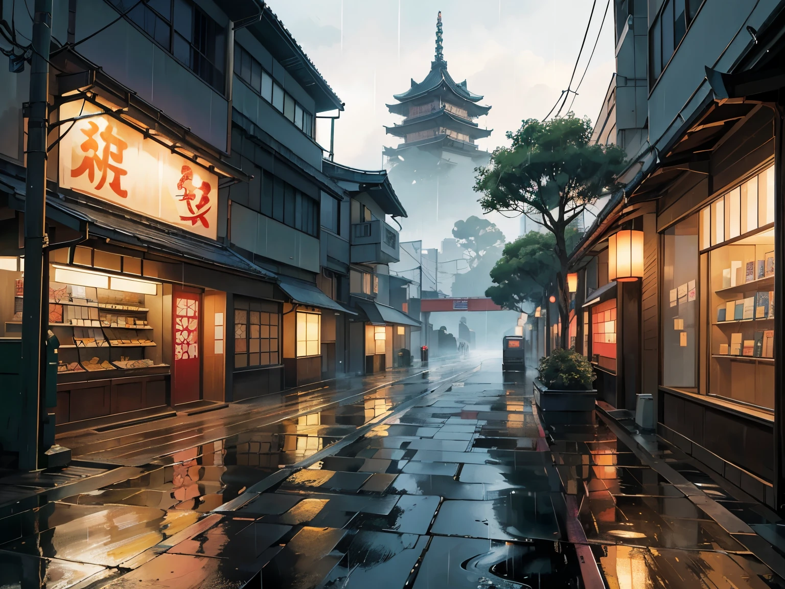 anime background, anime wallpaper, anime, anime style, lofi, lofi style, modern japanese street, modern japanese architecture, japanese convenience store, big retro japanese shop signs, retro japanese store, trees, plants, rocks, plant pots, shop signs, japanese banners, japanese signs, flags, sunrise, rain, raining, heavy rain, dramatic weather, puddles on the floor, rain falling from the sky, rain drops, empty street, no one in sight, (no one: 1), best quality, rural tokyo