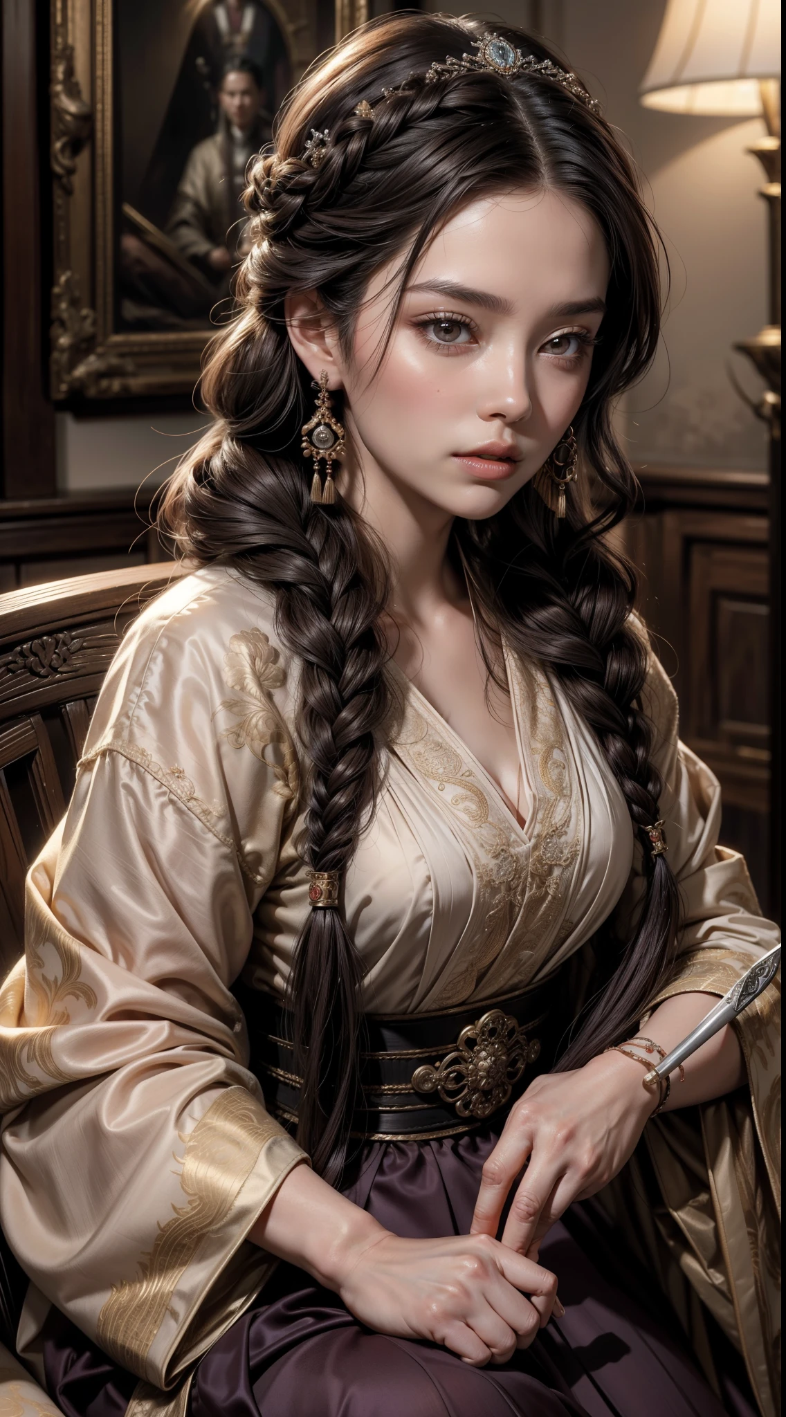 Masterpiece of Best Picture Quality, Daytime Scene: A Mature Woman with Dark Brown Hair, Dressed in Ancient Chinese Imperial Sister Attire, Sits Close-up in a Dimly Lit Room Filled with Purple Lightning. Her Twisted Braids, adorned with Hairpins, Frame her Delicate Face with Medium Length Curly Hair. The Double Ball Head Accessories on her Hair Add to the Antique Charm of the Scene. Her Pale Pink Lips are Visible in a Close-up of her Face, as she Holds her Princess Scissors, Prepared to Cut her Long, Dark Hair. The Entire Scene is a Masterpiece of Ultra-