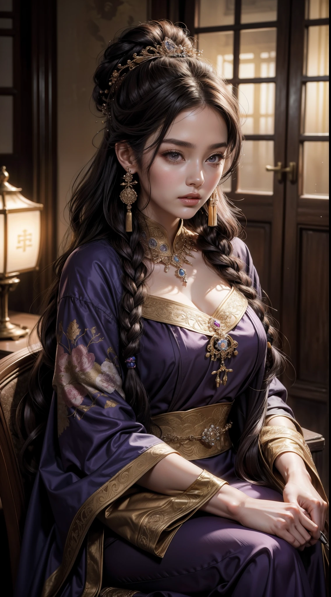 Masterpiece of Best Picture Quality, Daytime Scene: A Mature Woman with Dark Brown Hair, Dressed in Ancient Chinese Imperial Sister Attire, Sits Close-up in a Dimly Lit Room Filled with Purple Lightning. Her Twisted Braids, adorned with Hairpins, Frame her Delicate Face with Medium Length Curly Hair. The Double Ball Head Accessories on her Hair Add to the Antique Charm of the Scene. Her Pale Pink Lips are Visible in a Close-up of her Face, as she Holds her Princess Scissors, Prepared to Cut her Long, Dark Hair. The Entire Scene is a Masterpiece of Ultra-
