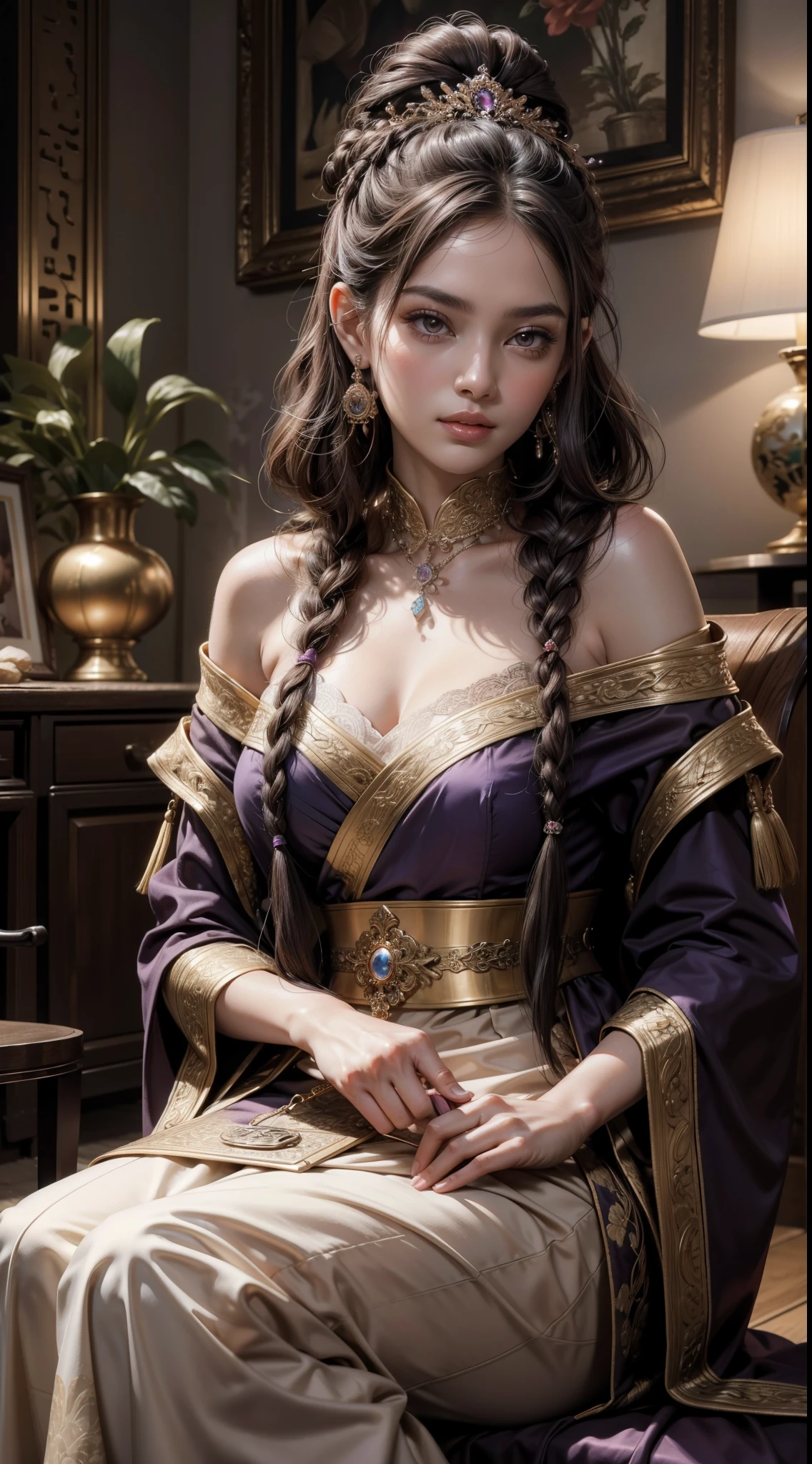 Masterpiece of Best Picture Quality, Daytime Scene: A Mature Woman with Dark Brown Hair, Dressed in Ancient Chinese Imperial Sister Attire, Sits Close-up in a Dimly Lit Room Filled with Purple Lightning. Her Twisted Braids, adorned with Hairpins, Frame her Delicate Face with Medium Length Curly Hair. The Double Ball Head Accessories on her Hair Add to the Antique Charm of the Scene. Her Pale Pink Lips are Visible in a Close-up of her Face, as she Holds her Princess Scissors, Prepared to Cut her Long, Dark Hair. The Entire Scene is a Masterpiece of Ultra-