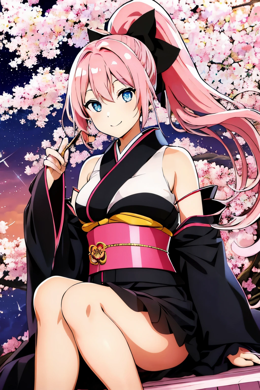 masterpiece, highest quality, High resolution, Lux 3, 1 girl, alone, Lux 3, pink hair, short kimono, blue eyes, hair ornaments, very long hair, black sleeves, No sleeve, kimono, bow, black kimono, hair bow, ponytail, floating hair, hair between eyes, big breasts, sitting, sheet, spaceship, smile, armpit,