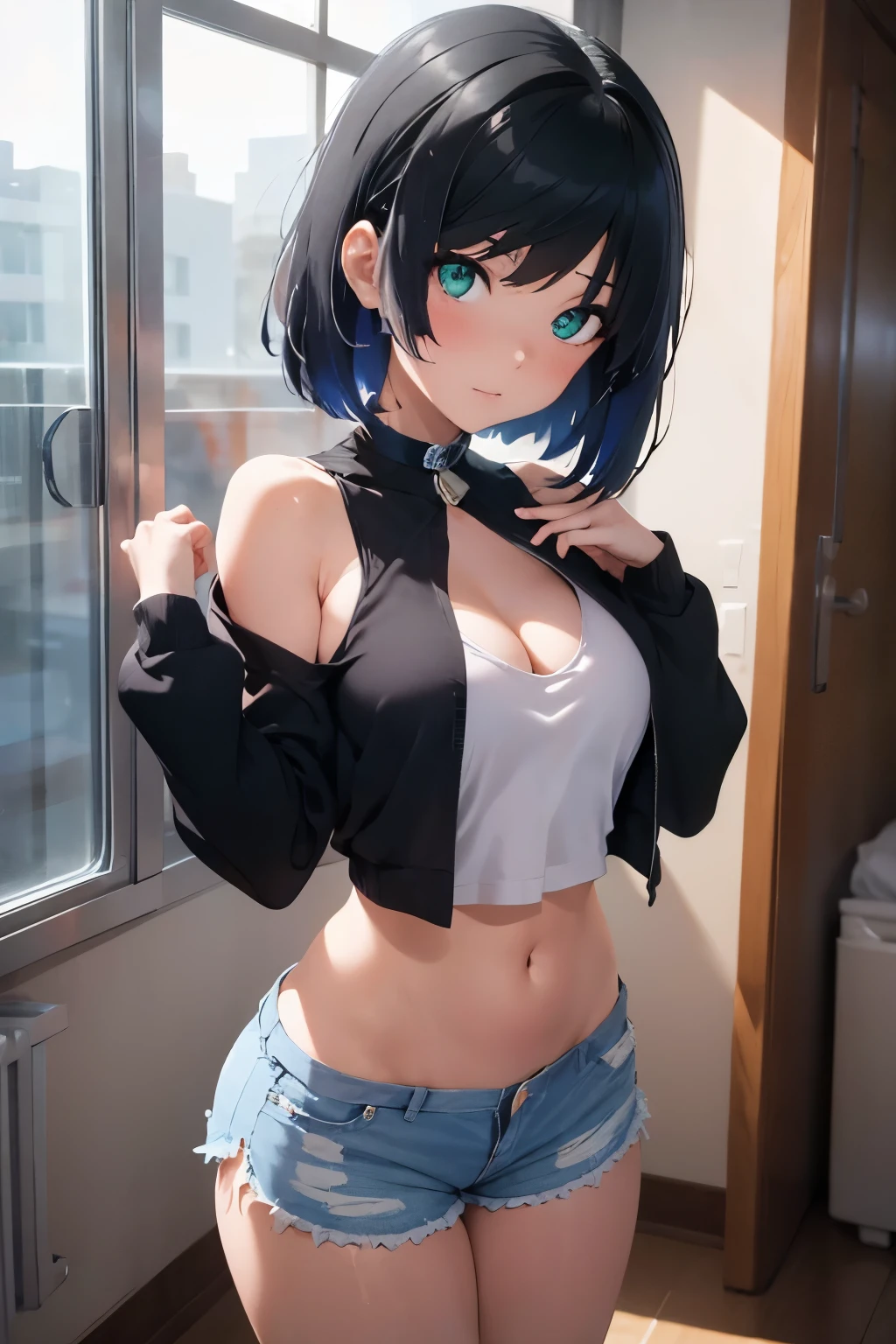 woman, 26 years old, short hair, proportional hands, Yelan anime eyes, perfect body, sensual cleavage, medium breasts, red sleeveless blouse, wearing black micro shorts, sexy shorts, vinyl shorts, Ultra HD, 4k image, image of best quality, (fidelity: 1.4), photoreal, light green eyes, eyelashes, beautiful pupil, shadows, slight blush, delicate facial features, reasonable facial features, exposed waist, natural poses