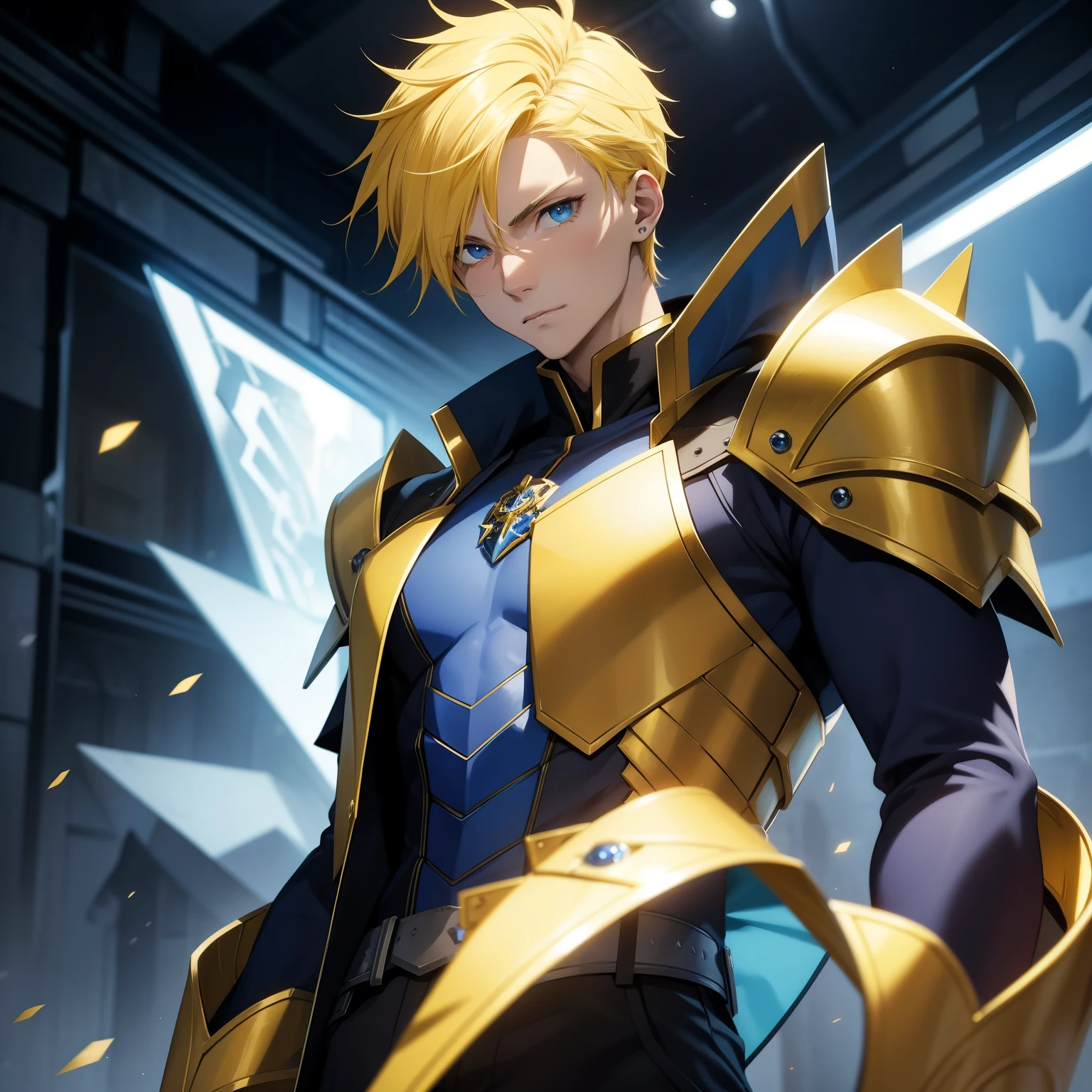 Young guy, short Spiky Yellow hair, blue eyes, prince, Armor Suit, Coat, Masterpiece, hiquality