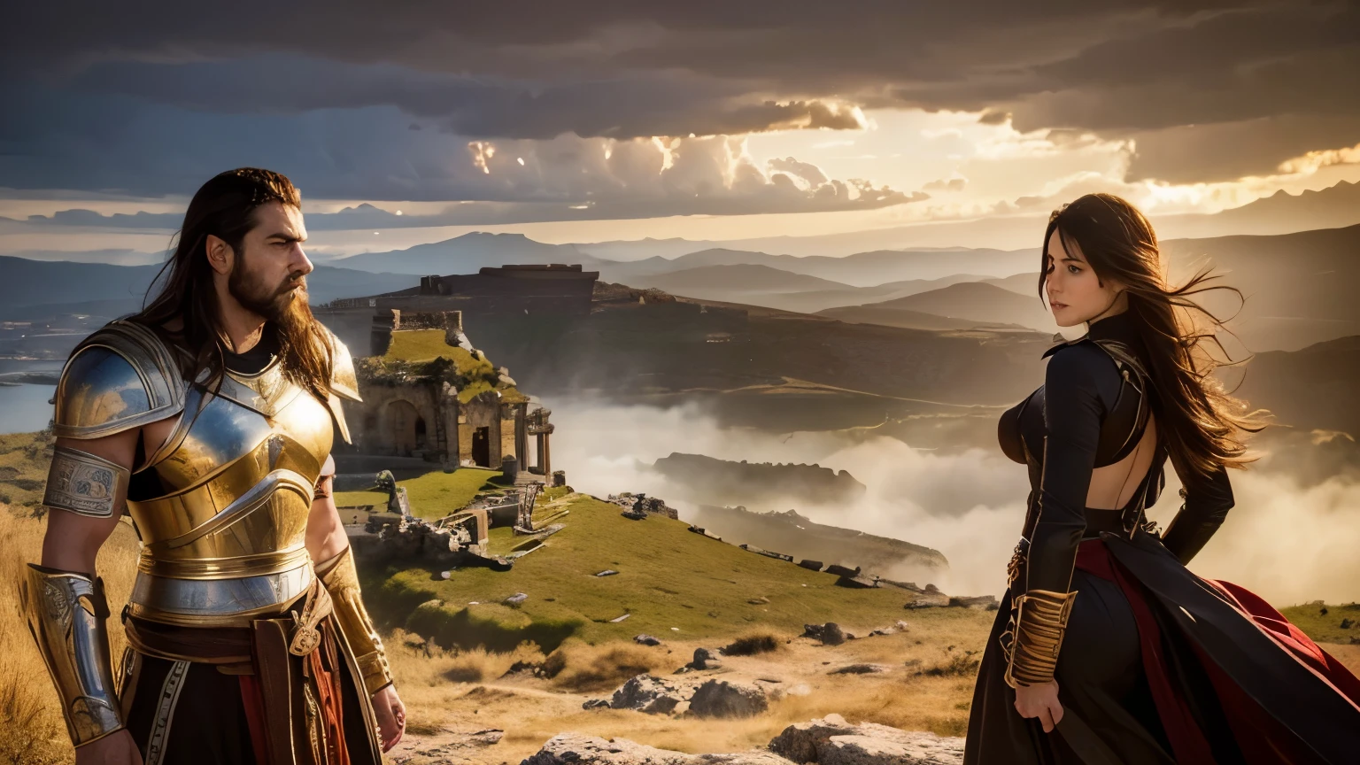 The Greek hero and his beautiful girlfriend, angry gazes, intense emotions, dramatic scene, vivid colors, hyper-realistic concept art, majestic setting, ancient Greece, strong facial features, detailed eyes, strong jawlines, flowing hair, intricate armor, muscles, expressive body language, powerful stance, golden sunlight, dynamic shadows, romantic tension, rocky surroundings, distant horizon, swords, ancient ruins, passionate conflict, passionate relationship, determined expressions, epic composition, painterly brushstrokes, mythical atmosphere, dramatic lighting