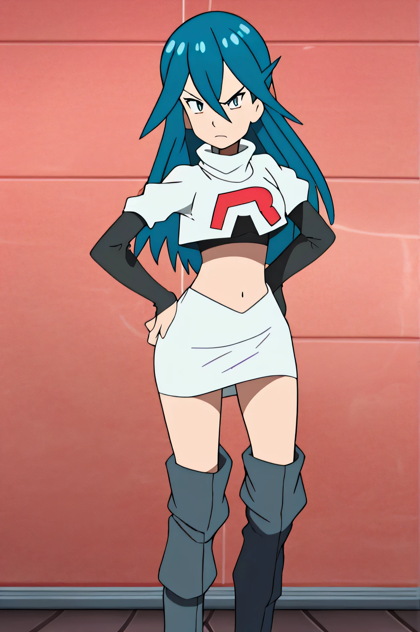 team rocket uniform, red letter r, white skirt, white crop top, black thigh-high boots, black elbow gloves, glaring angrily, looking at viewer, hands on hips, zettai ryouiki, Cordelia
