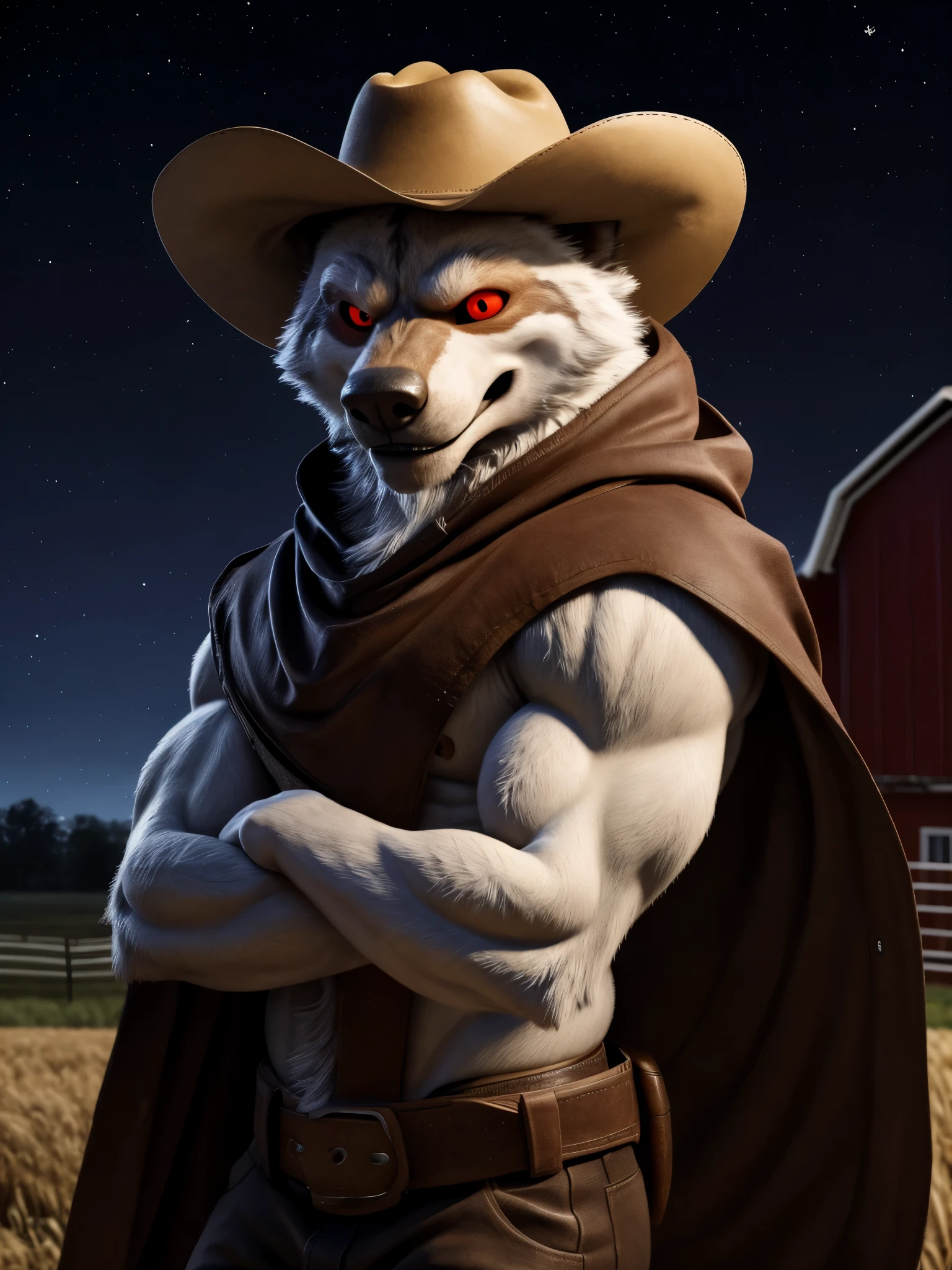 best quality, ultra high res,1furry boy， solo，detailed eyes, volumetric lighting, amazing, finely detail, cowboy shot, cloak , white fur, red eyes, white sclera, bright pupils, bright atmosphere, muscular, upper body, from back Wearing a cowboy hat and a nighttime farm background 