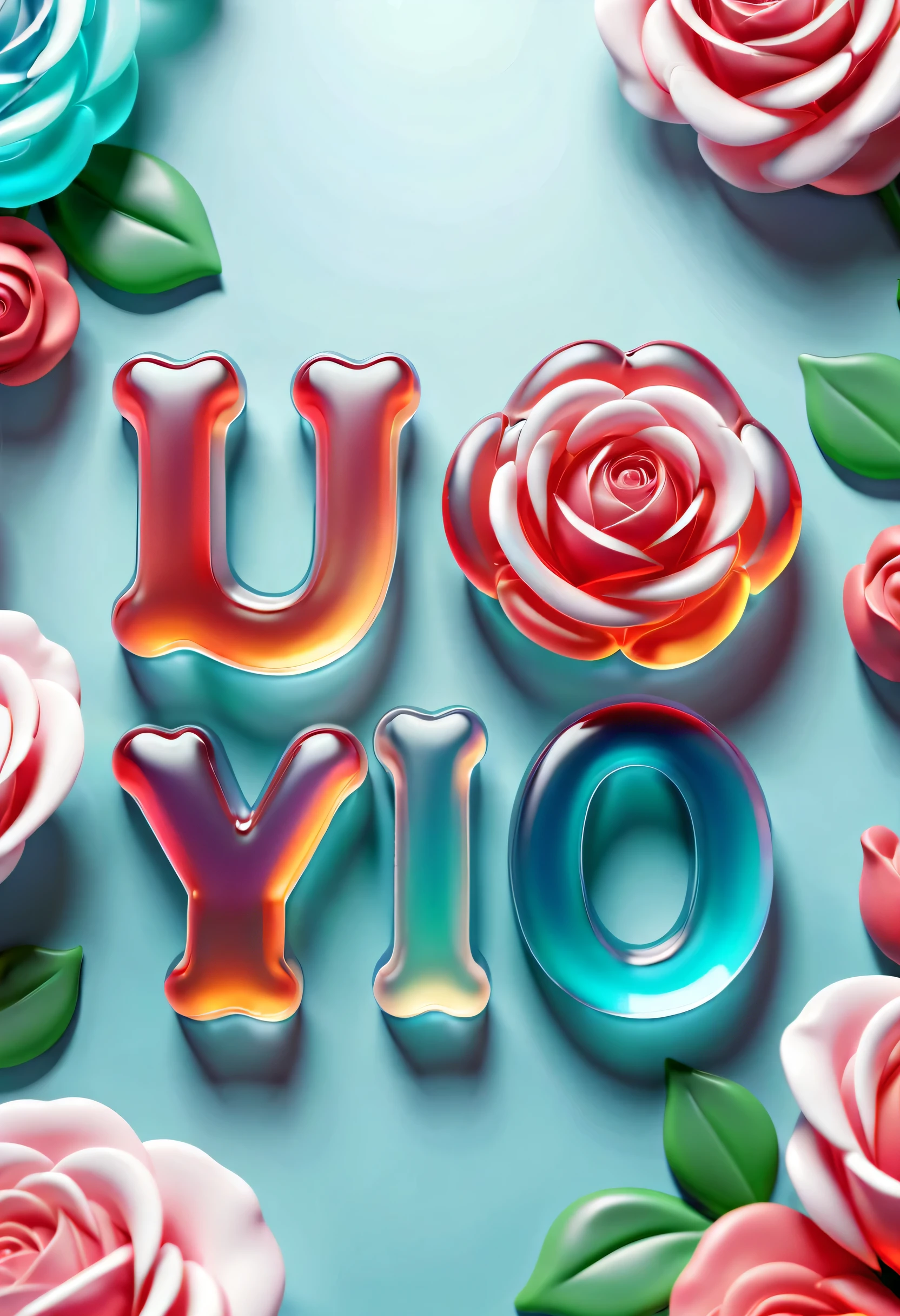 soft，Moderate，embossed bevel，transparent，3D font design &Quote;I love you&Quote;，Colorful fantasy background，Valentine's Day theme，Rose，delicious，jello，liquid，weight