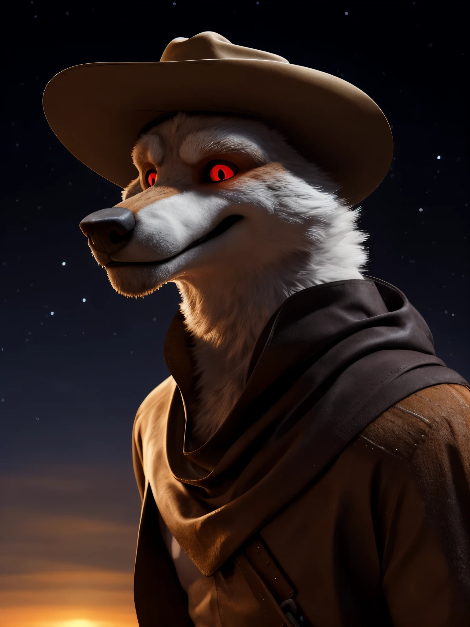 best quality, ultra high res,1furry boy， solo，detailed eyes, volumetric lighting, amazing, finely detail, cowboy shot, cloak , white fur, red eyes, white sclera, bright pupils, bright atmosphere, muscular, upper body, from back Wearing a cowboy hat and a nighttime farm background 