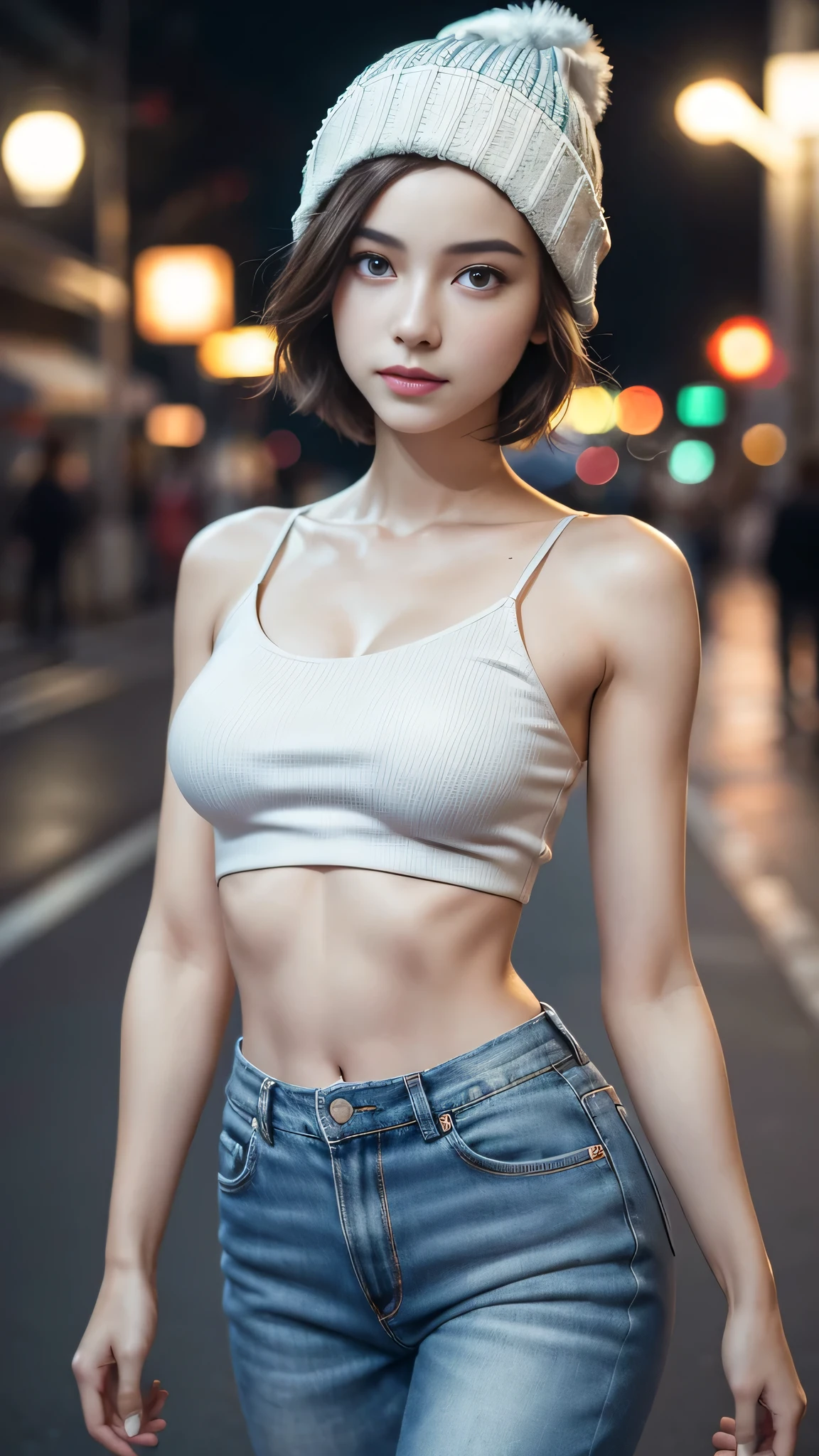 ((Masterpiece, high definition, ultra high resolution, realistic datails, photorealistic, professional photography :1.3)), portrait photo, bokeh style, A beautiful European female youth, pretty girl, model, ig idol, delicate face, (slim body aesthetic:1.2), (slender abdomen:1.1), (breasts:1.1), realistic skin, no make-up, (pixie short hair:1.2). Wearing loose cropped top and jean pants, Wearing beanie. walk on the street, dusk time, smirking.