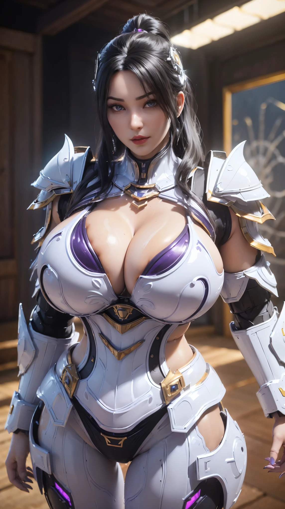 A BUSTY MILF, CLOSE UP UPPER BODY,SOLO,(BEAUTY BLACK HAIR, GOLD DRAGON HORN), (MASSIVE FAKE BOOBIES,CLEAVAGE TOP,MUSCULAR ABS:1.5), ((WEARING OUTFIT MECHA (LED PURPLE,WHITE,BLACK SNINY),BIKINI ARMOR:1.5)),(CURVY VOLUPTUOUS BODY SHAPE:1.5), (SWEATY GLOSSY BODYSKIN:1.5), (LOOKING AT VIEWER:1.6), (BACKGROUND FUTURISTIC SPACE STATION:1), (PHOTOREALSITIC:1.4), (ULTRA-DETAILLIERT), (TOP-QUALITY), (BEST SHADOWS), BRIGHT LIGHT IN ROOM, HYPER TEXTURE, (4X MSAA), ((UNREAL ENGINE 5 RENDER)), PHYSICALLY-BASED RENDERING, ULTRA HIGHT DEFINITION, 16K, 1080P.