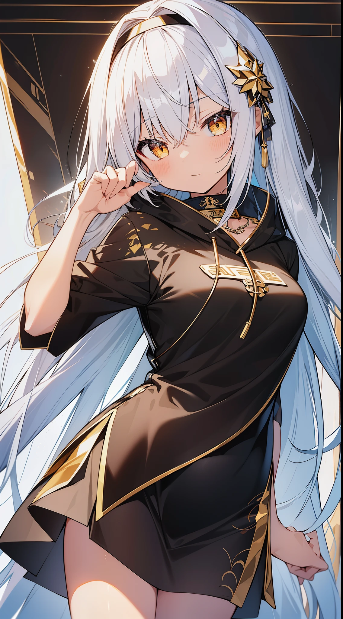 Produce an anime-style image, The girl, skin black, , it has ((Red eyes)) charming. {dark-skinned} white  hair, The girl de corpo inteiro, Possession of a goddess