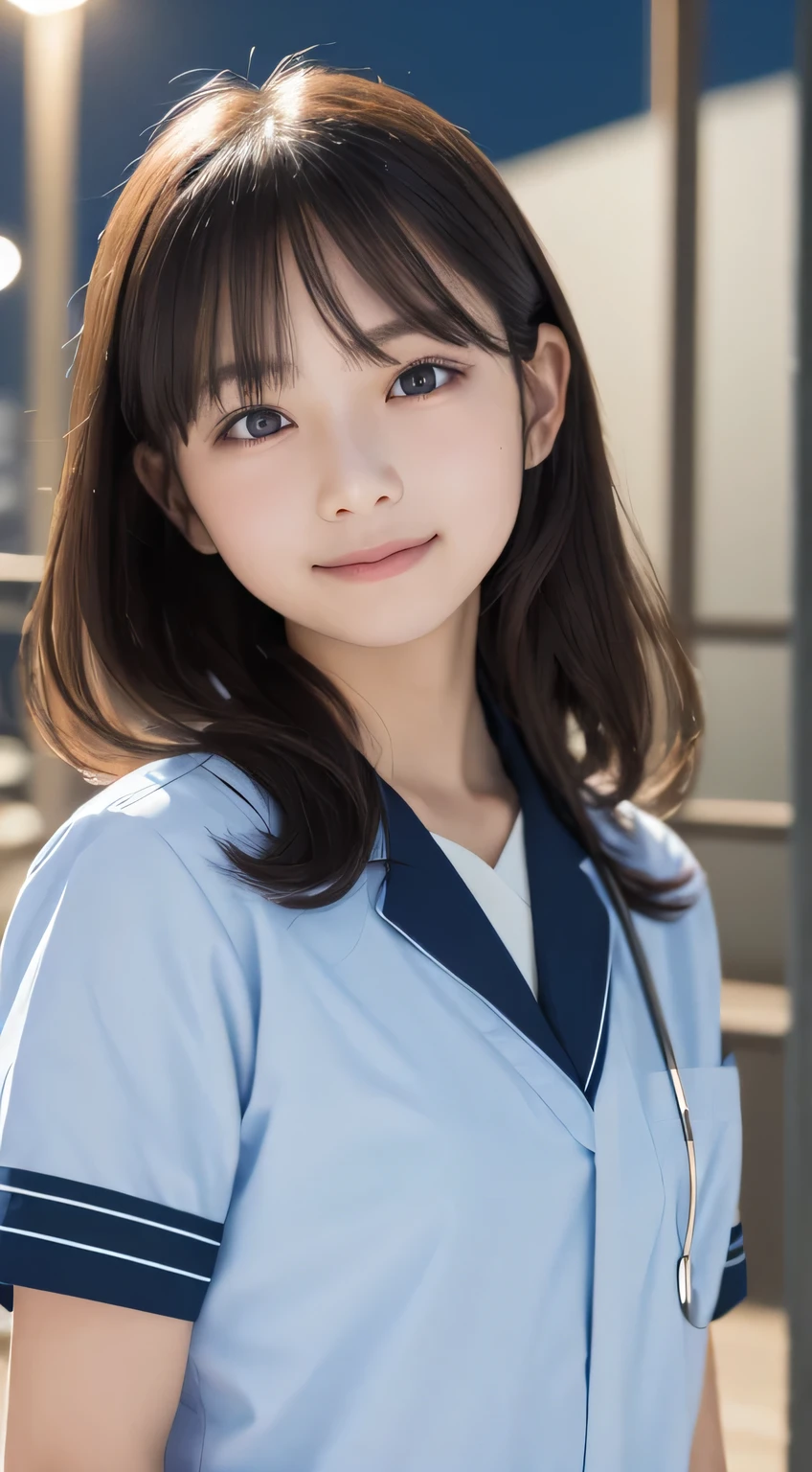 table top, highest quality, 8K, 8-year-old, Ten generations, RAW photo, absurd, award winning portrait, smile, alone, (night:1.8), idol face, delicate girl, Upper body, Digital single-lens reflex camera, looking at the viewer, Frank, Sophisticated,thin arms, professional lighting, film grain, chromatic aberration, (Eye and face details:1.0), (Bokeh:1.1) , (nurse uniform:1.1) , close your mouth
