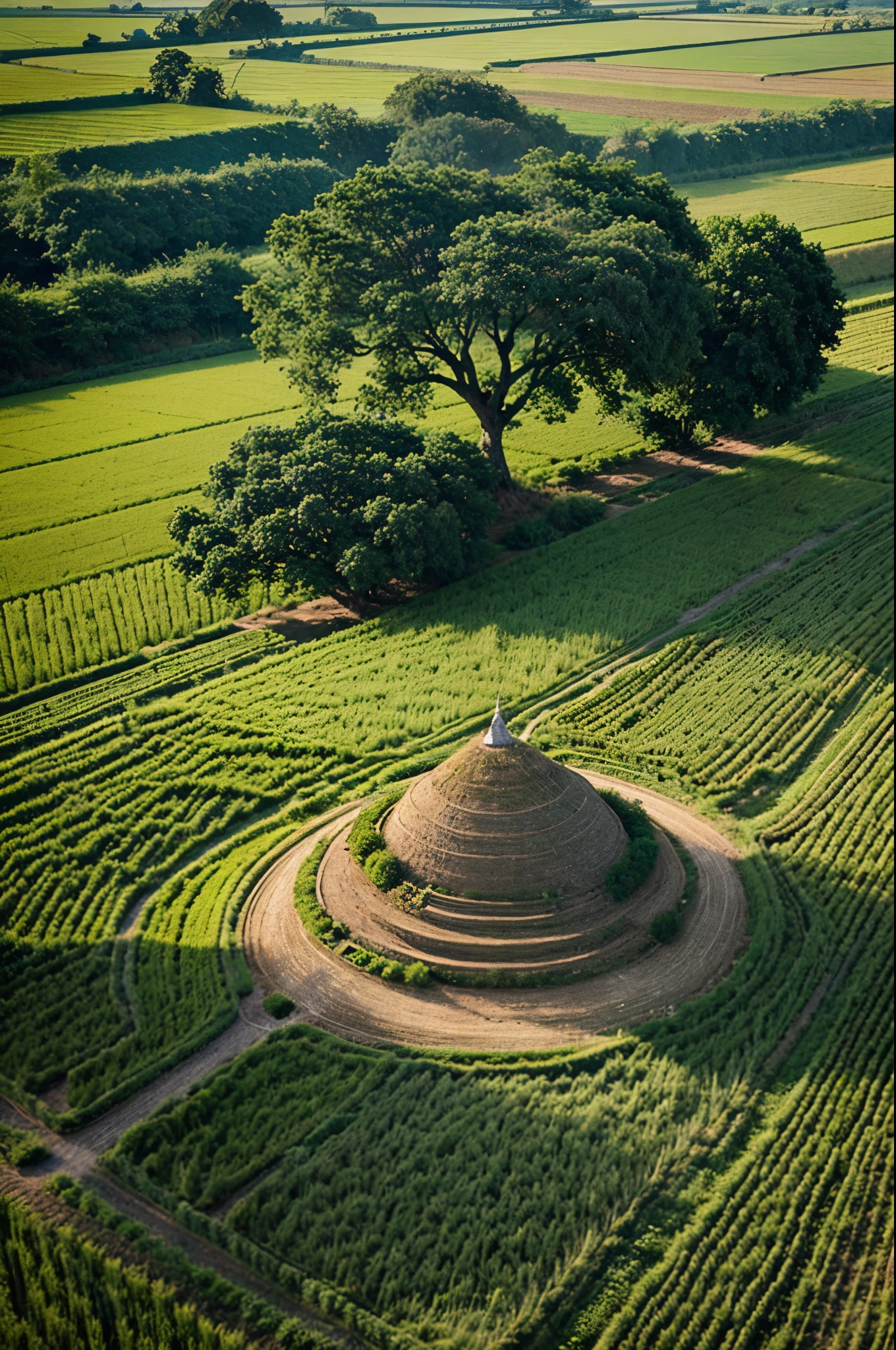generate me the image 2d cartoon rice field, and a big tree at the left of scenes, and the land road next to the field near village, background for animation