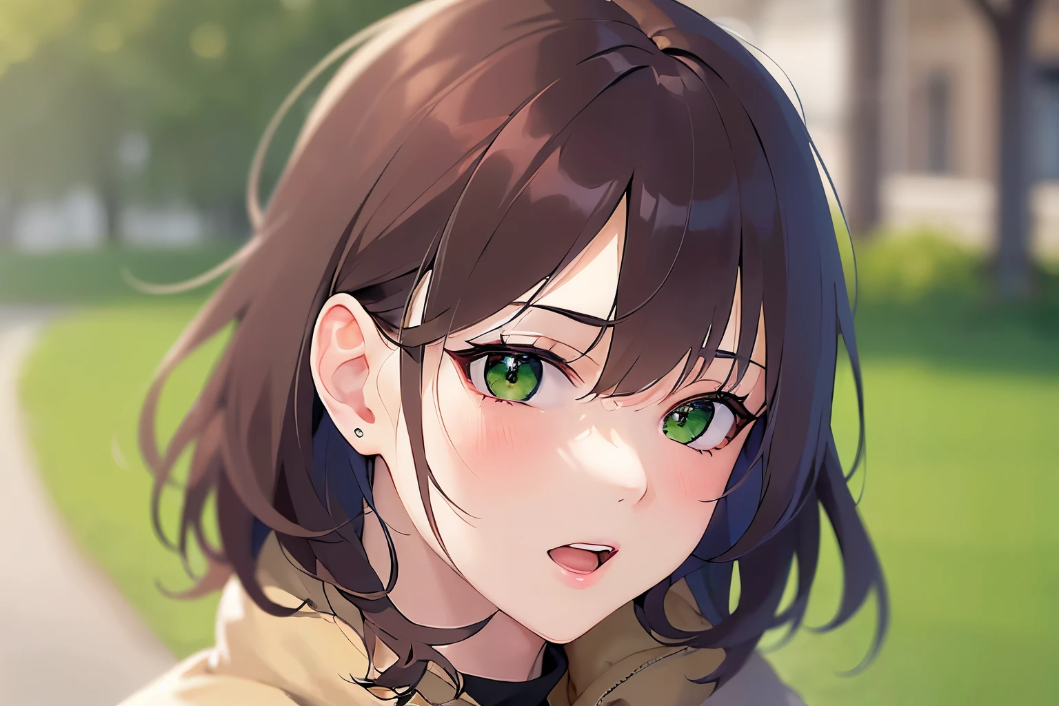 上からの撮影、cowboy shot, Realistic, real person, RAW photo, photorealistic, portrait photography, shiny skin, japanese idol、(前髪がある20歳の女性), (green eyes:1.5) and (brown hair) and (bob cut) and (wavy hair), 、(beige Down Jacket:1.5)、黒いタートルネックセーター、(confused:1.3), (blush:1.3), open mouth, 一人きり、背景は外