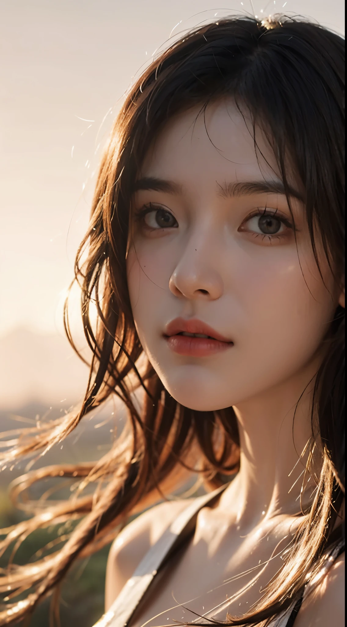 best quality,on the table,ultra high resolution,lifelike,original photo,Unity 8K Wallpaper, panoramic, Cinema lighting,
being in the grassland, Sunset, dappled sunshine, golden hour lights, Backlighting, background blur, (lens flare), wind, pastel colors, soft light,
1 girl,Flowing short hair, elegant, Upper body,
