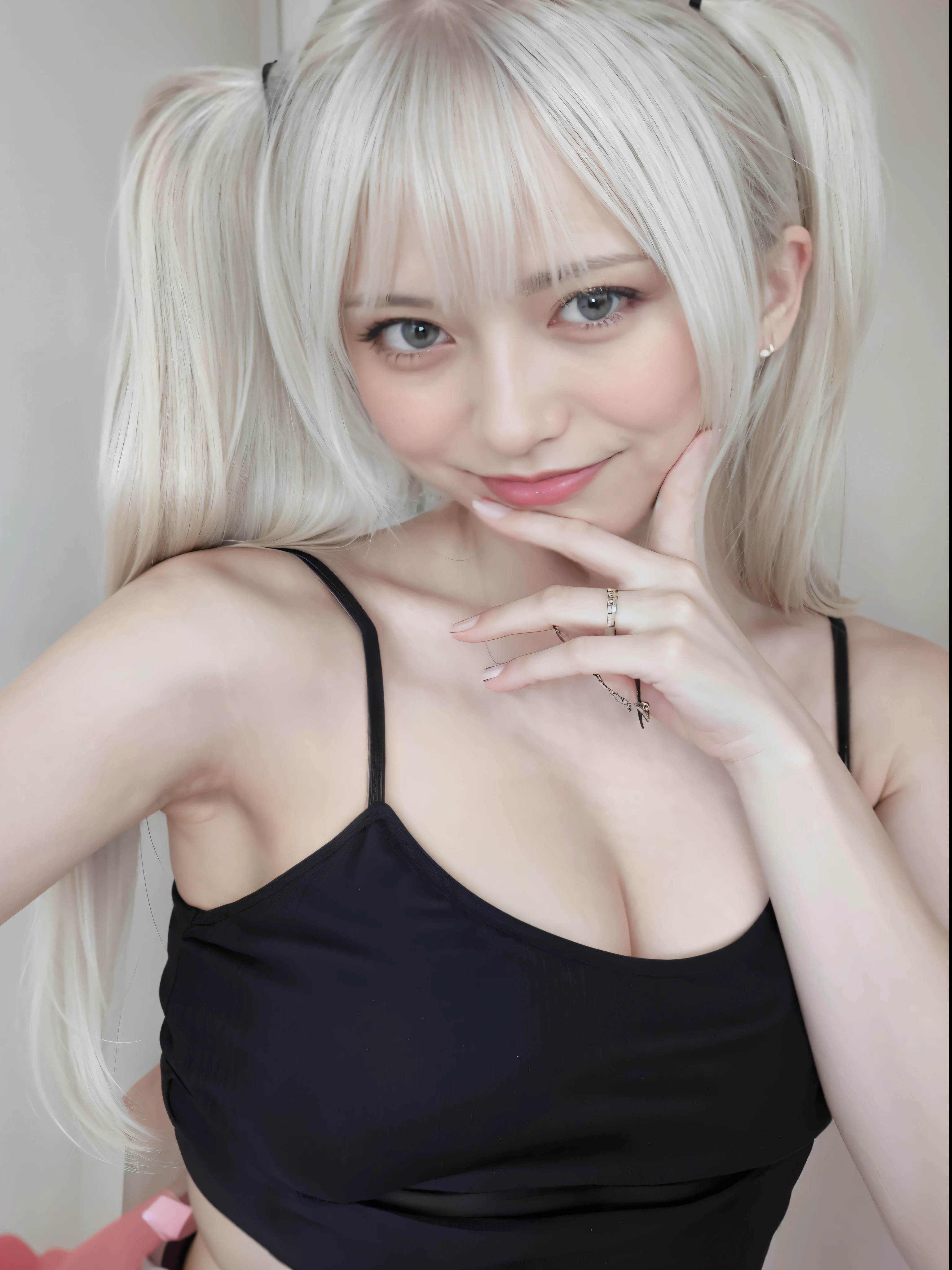 Blonde haired woman with ponytail and black top posing for a photo, gray hairのティファ・ロックハート, 長いgray hairがある, 長いgray hairで, perfect gray hair girl, Real Anime Girls, gray hairの女の子, long white hair and bangs, anime girl cosplay, shikamimi, gray hair, Shirahime cut hairstyle, gray hairの