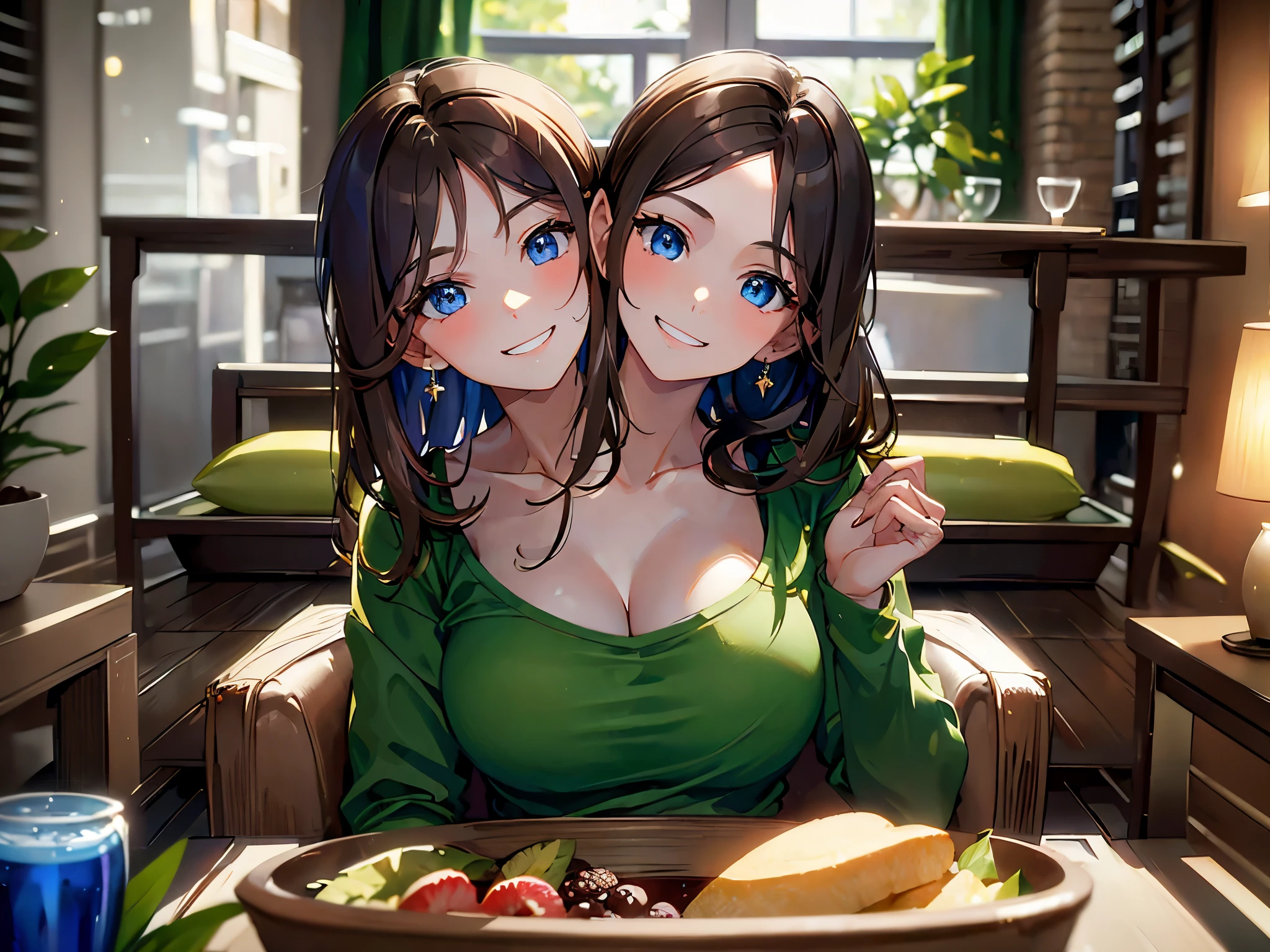 (masterpiece, best quality), best resolution, (2heads:1.5), 1girl, brown hair, blue eyes, smiling, green t-shirt, close-up, portrait, living room