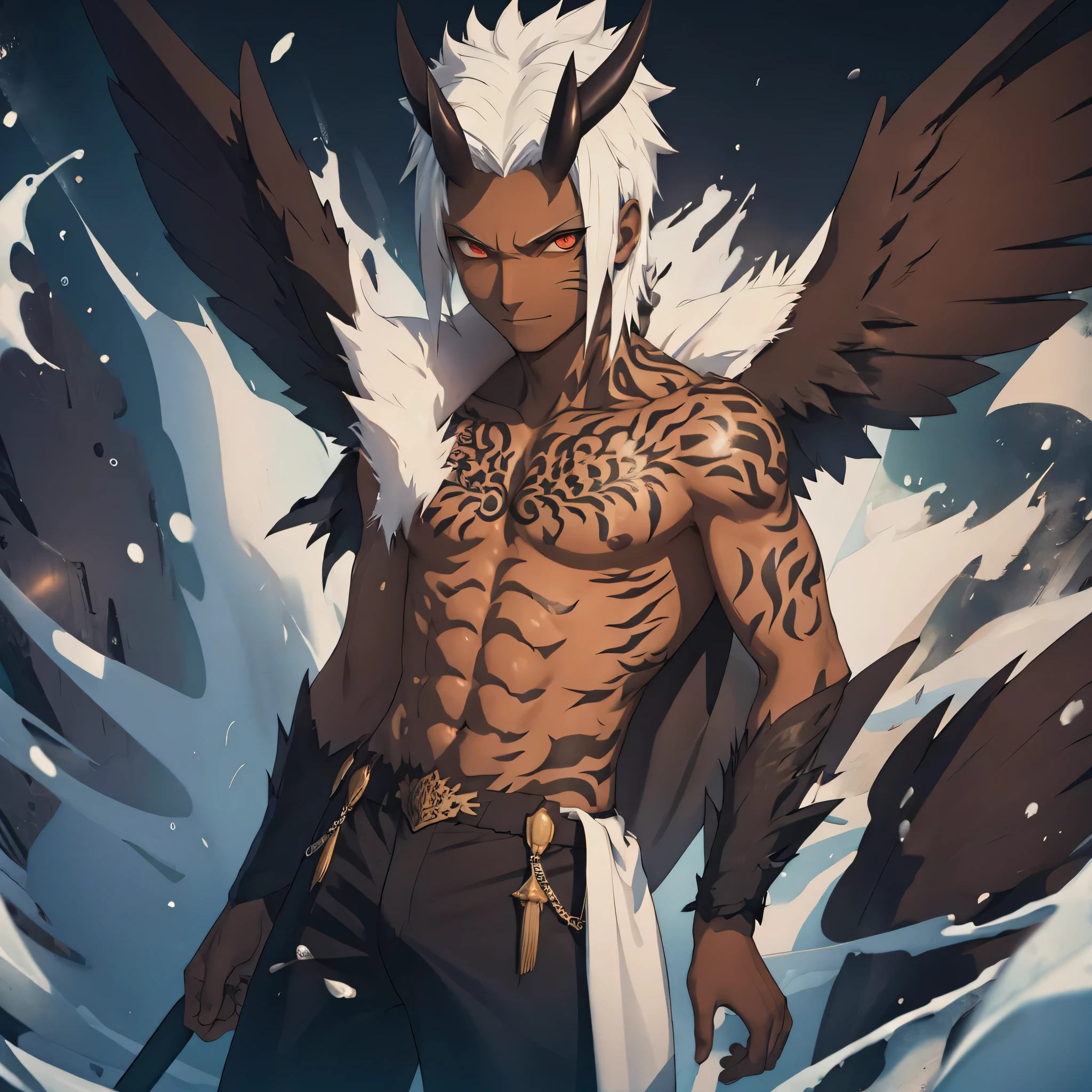 dark skinned male, horns, large black wings, dark magic. tattoos, evil smile