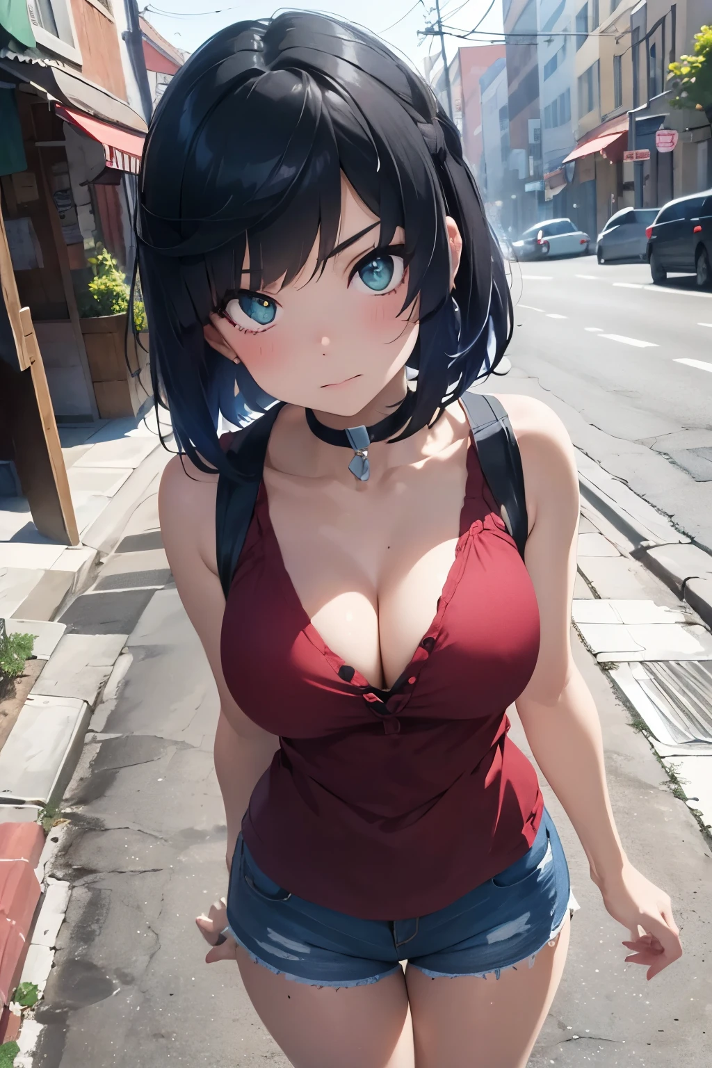 woman, 26 years old, short hair, proportional hands, Yelan anime eyes, perfect body, sensual cleavage, medium breasts, red sleeveless blouse, wearing black micro shorts, sexy shorts, vinyl shorts, Ultra HD, 4k image, image of best quality, (fidelity: 1.4), photoreal, light green eyes, eyelashes, beautiful pupil, shadows, slight blush, delicate facial features, reasonable facial features, exposed waist, natural poses