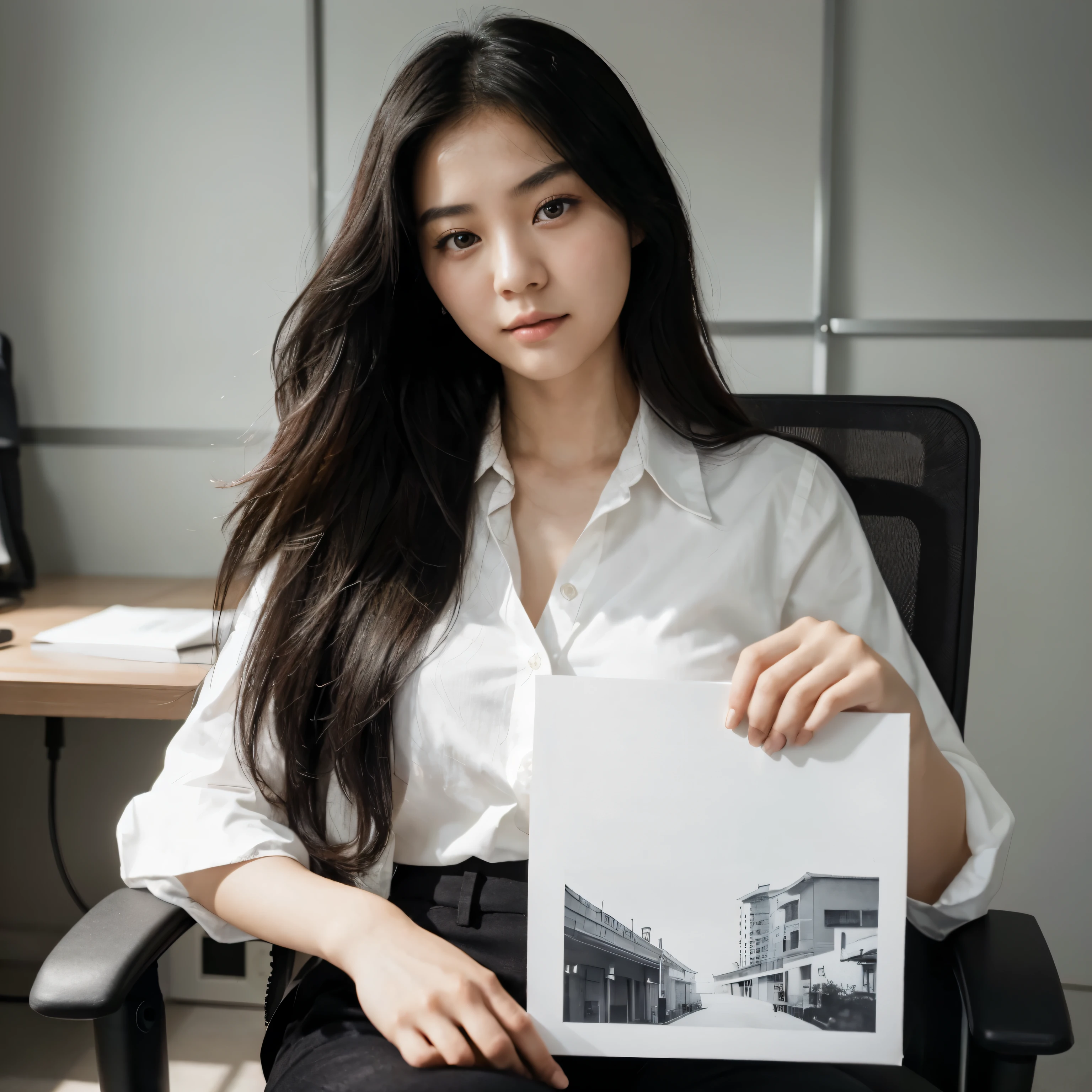 photography. Chinese girl, 27 years old, beautiful face, radiant face, short black hair, slightly fat, wearing a white shirt, wearing black trousers, sitting in an office chair, holding blank paper, empty room background, gray walls. realistic photography.