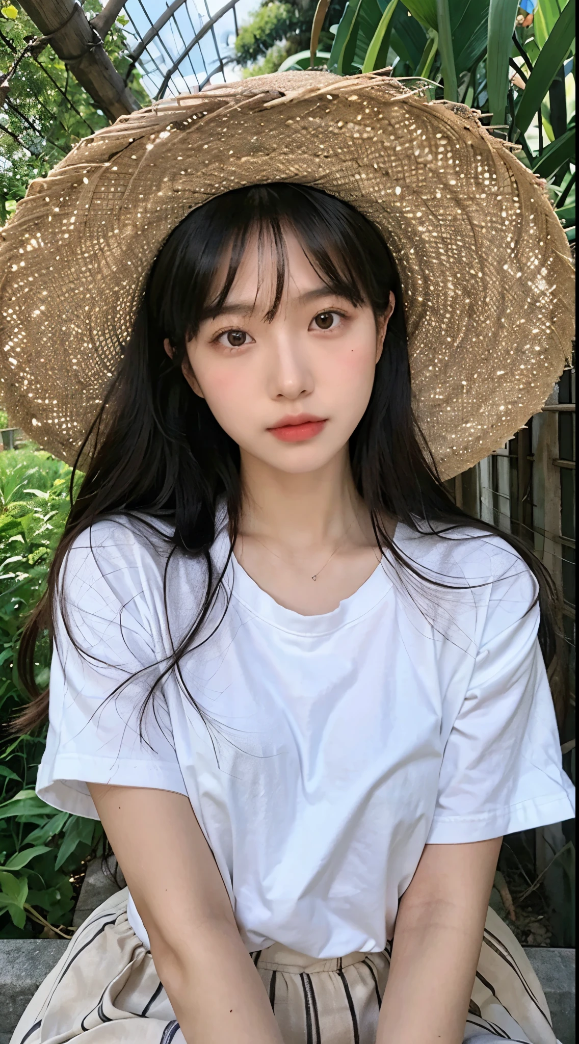 Long-haired woman in straw hat and white shirt, realism, Beautiful young Korean woman, Asian girl with long hair, Beautiful young Korean woman, Urzans, beautiful korean woman, Young cute asian face, korean girl, Young cute korean face, beautiful asian girl