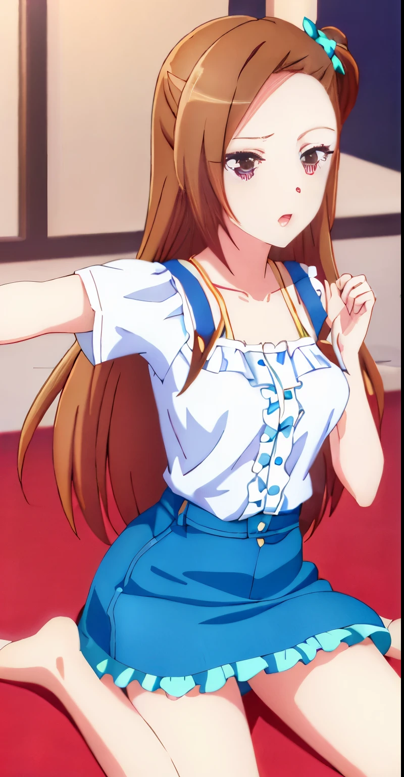 (highest quality))), ((super detailed)),katalina、 ((ion in illustr)), ((messy hair)), Short blouse、((frills)), Denim Super Mini Skirt、crawl on all fours、open your mouth、beautiful woman、beautiful breasts、spread legs、show white panties,Beautiful camel toe、(1 girl),(alone),brown hair,cowboy_shot, long hair anime girl, official art work, Official illustration, Yoshitomo Nara, anime goddess, official character art, harumi