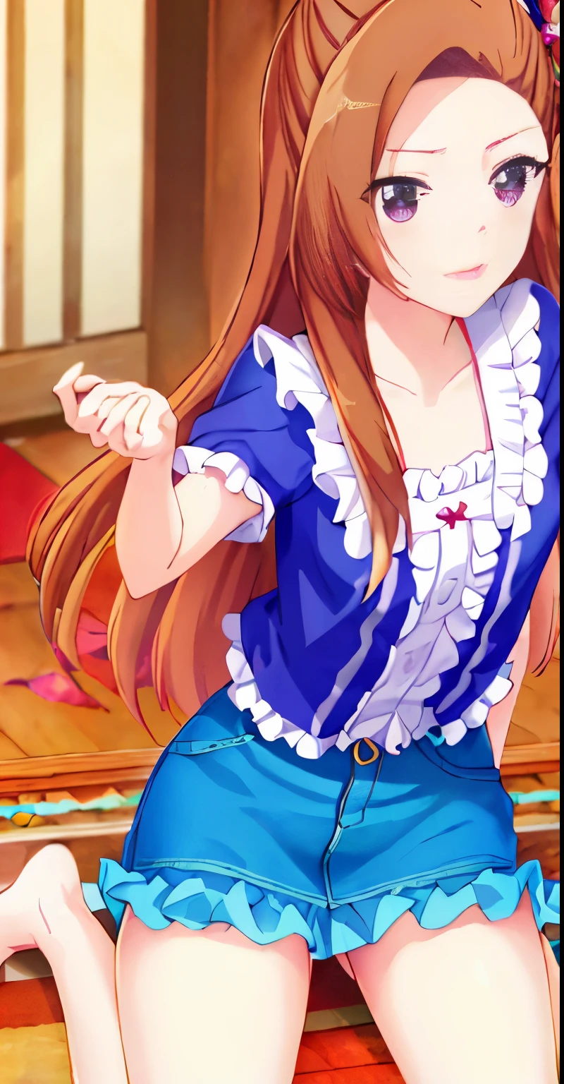 (highest quality))), ((super detailed)),katalina、 ((ion in illustr)), ((messy hair)), Short blouse、((frills)), Denim Super Mini Skirt、crawl on all fours、open your mouth、beautiful woman、beautiful breasts、spread legs、show white panties,Beautiful camel toe、(1 girl),(alone),brown hair,cowboy_shot, long hair anime girl, official art work, Official illustration, Yoshitomo Nara, anime goddess, official character art, harumi