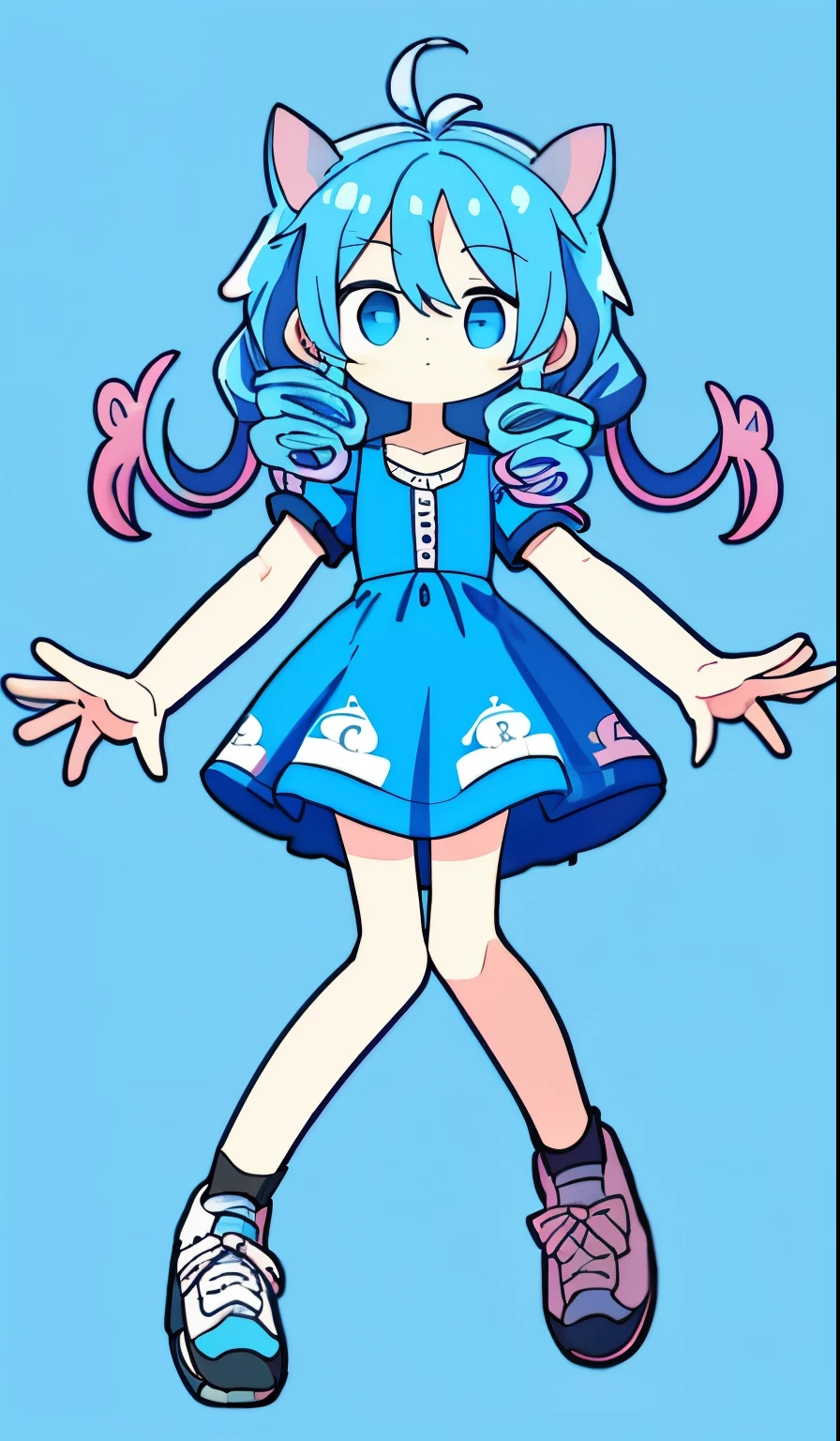There's a boy with blue curly hair. Ele tem olhos brancos e uma roupa vermelha