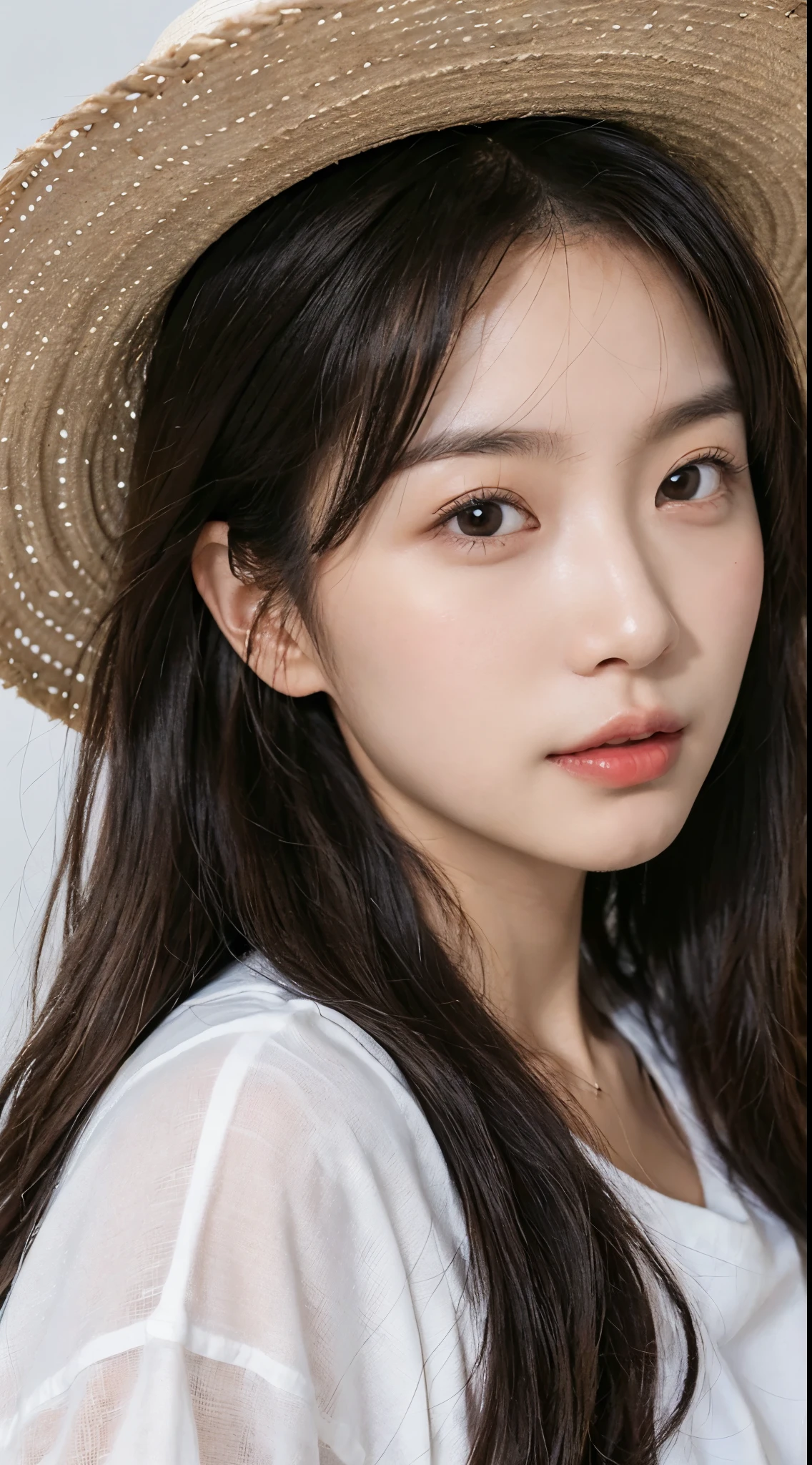Long-haired woman in straw hat and white shirt, realism, Beautiful young Korean woman, Asian girl with long hair, Beautiful young Korean woman, Urzans, beautiful korean woman, Young cute asian face, korean girl, Young cute korean face, beautiful asian girl