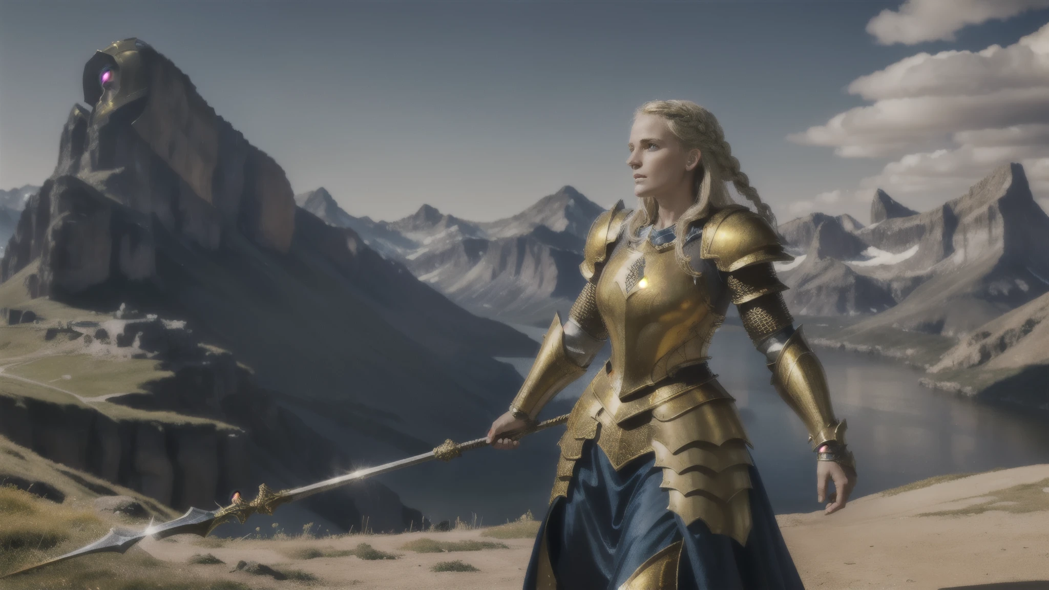 An official art masterpiece in 8k resolution, featuring a beautiful pale blonde  girl in ultra-detailed golden plate armors, standing triumphantly on a mountain top. The scene exudes high quality and best quality aesthetics, with a breathtakingly beautiful and aesthetically pleasing blonde girl. Her long, intricately braided viking hair cascades down her back, framing her intense blue eyes. The background is dominated by an intense, blazing sun, casting long, dramatic shadows and bathing the scene in a warm, golden light. The level of detail is astonishing, from the intricate textures of the armor to the deeply expressive portrayal of the girl's face. With one arm raised high, she brandishes a spear, embodying a sense of strength and determination she is a deity of dwarfs (((((Strong Jaw Line))))(((((MUSCULAR )))))((((GOLDEN ARMOR)))))