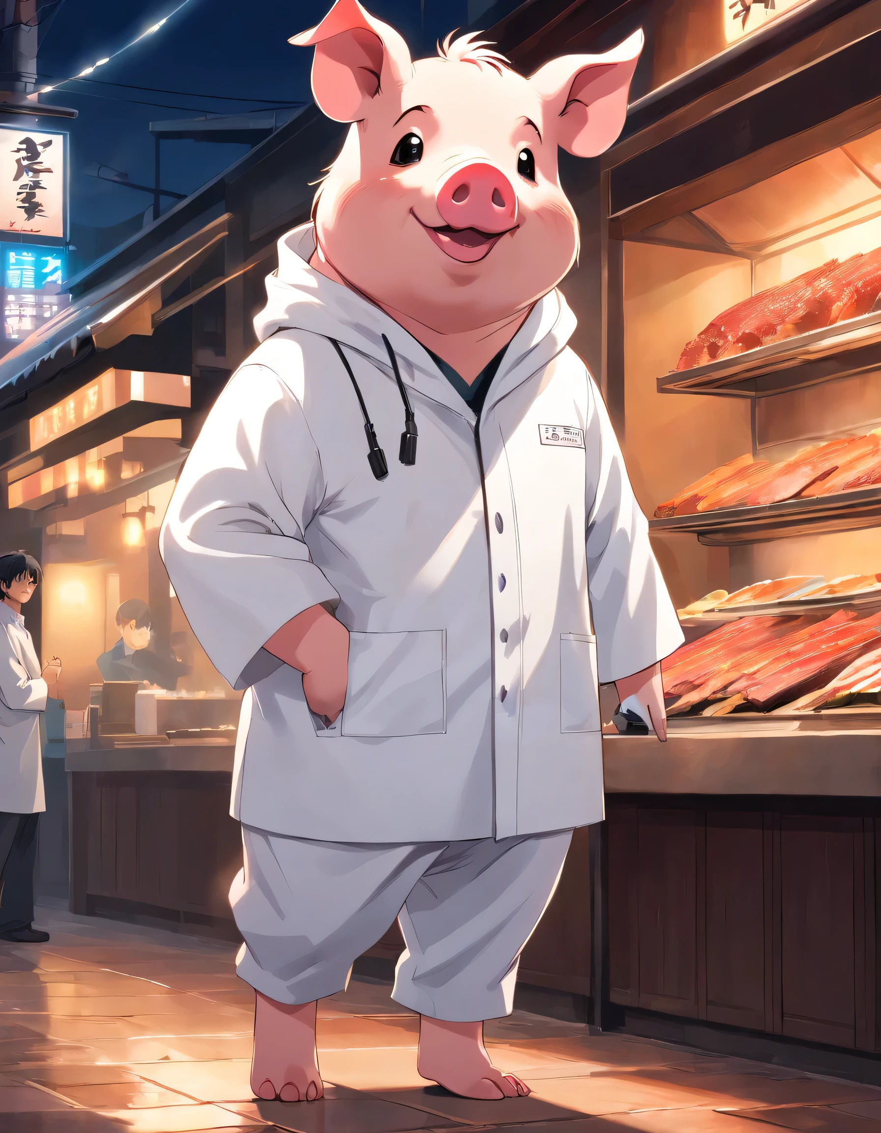 male Pig costume wearing a white coat pants are black His job is a Yakiniku restaurant. smile front craftsman's style
