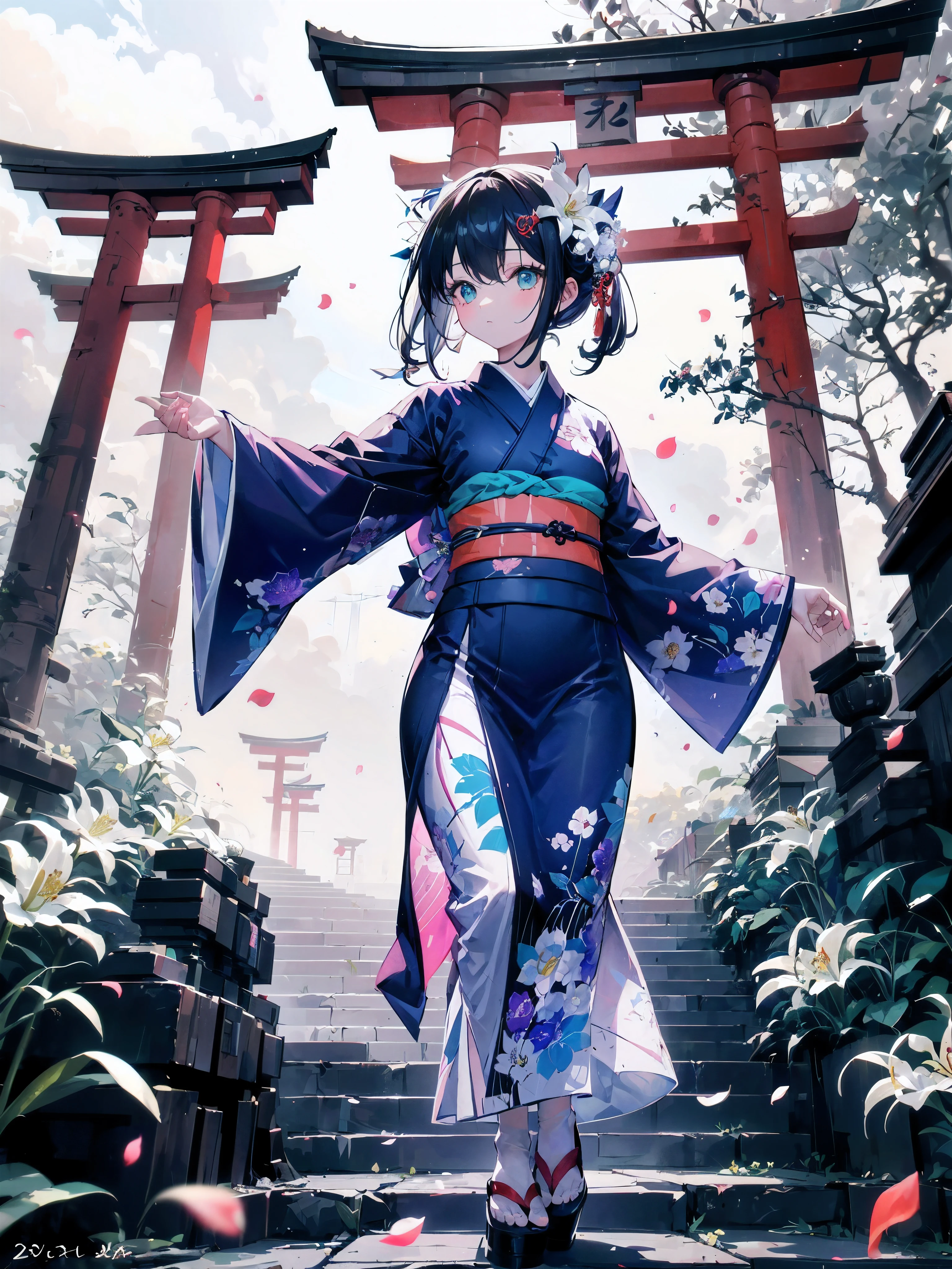 (A 7 girl:1.2), (Very youe, (alone), (small breasts), (wide angle), (white lily flower), original photo, aesthetic, complex, won, cybernetic enhancement, chiaroscuro, best quality, Detailed background, (misty atmosphere:1.2), (cloudy day),((穿着棉质kimono的女孩:1.2)), 大号棉质kimono, 棉质大号kimono, 很长的kimono袖子, The best wrinkles, real wrinkles, best shade, (walk through (foggy dark zen garden)), (real location), Exquisite and beautiful eyes, casual gesture, Detailed texture, pose, (Anatomically correct body, Detailed face, (非常Detailed texturekimono与花卉图案), (black hair), thick hair, hair accessories, Common, kimono, Heart, outdoor, pagoda, petal, 青色kimono, sash, shrine, skyporn, stone staircase, torii, wide sleeves, yukata,(cloudy, misty)