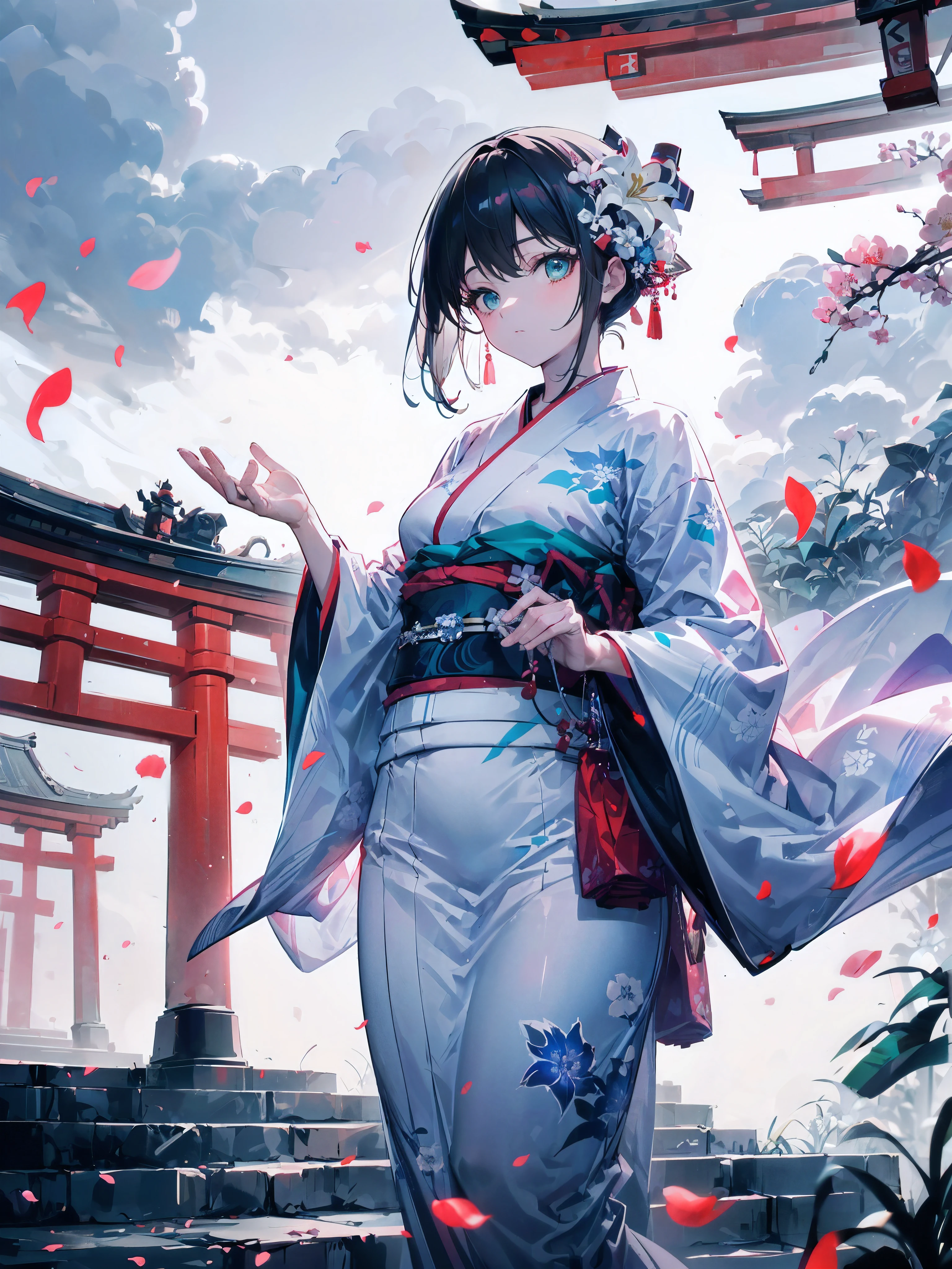 (A 7 year old girl:1.2), (Very young little girl), Change, (alone), (small breasts), (wide angle), (white lily flower), original photo, aesthetic, complex, won, cybernetic enhancement, chiaroscuro, best quality, Detailed background, (misty atmosphere:1.2), (cloudy day),((穿着棉质kimono的女孩:1.2)), 大号棉质kimono, 棉质大号kimono, 很长的kimono袖子, The best wrinkles, real wrinkles, best shade, (walk through (foggy dark zen garden)), (real location), Exquisite and beautiful eyes, casual gesture, Detailed texture, pose, (Anatomically correct body, Detailed face, (非常Detailed texturekimono与花卉图案), (black hair), thick hair, hair accessories, Common, kimono, Heart, outdoor, pagoda, petal, 青色kimono, sash, shrine, skyporn, stone staircase, torii, wide sleeves, yukata,(cloudy, misty)