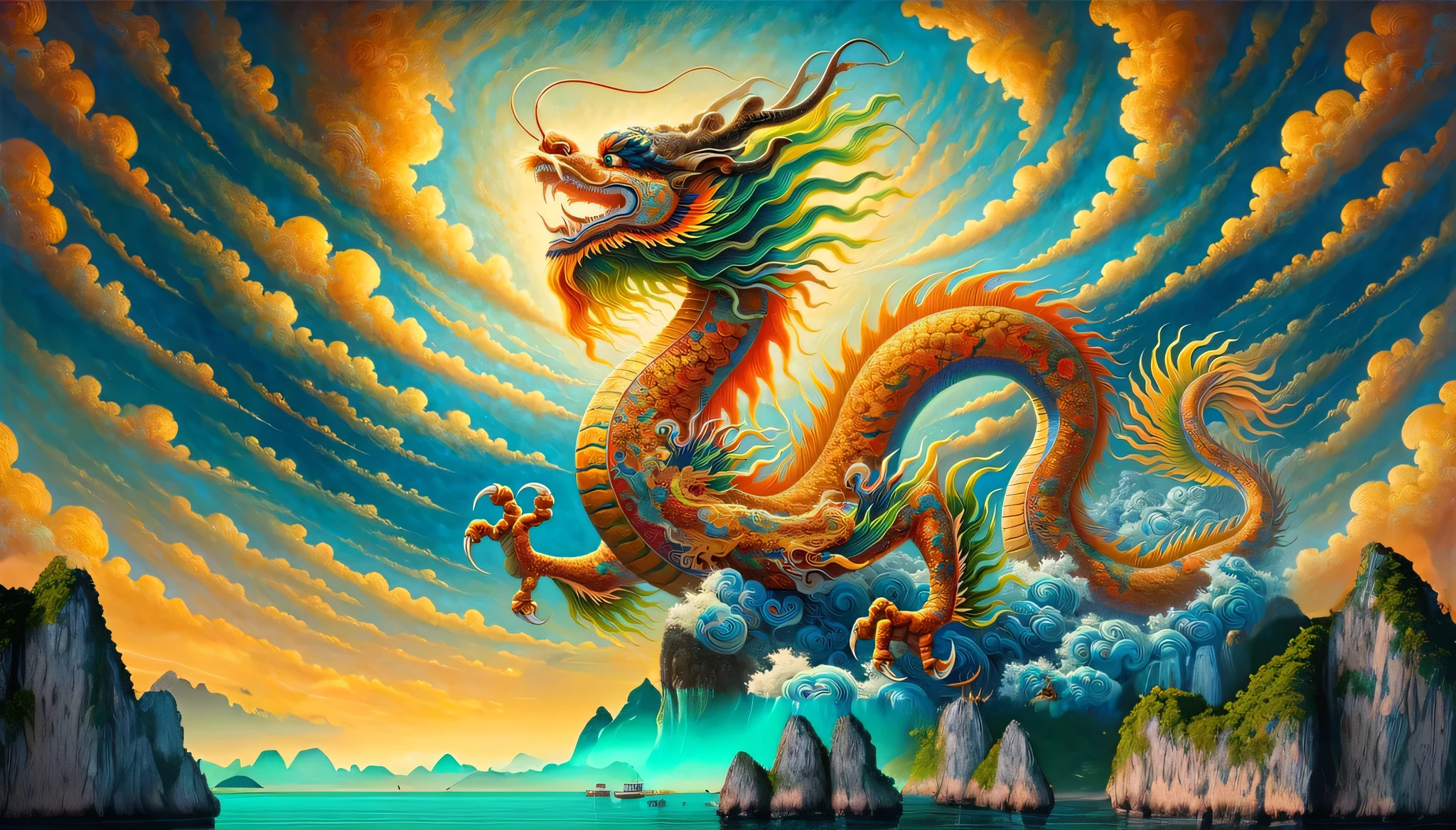 best quality,4k,8k,highres,masterpiece:1.2,ultra-detailed,realistic:1.37,Vietnam Halong Bay,gorgeous seascapes,rolling limestone karsts,emerald green waters,serene and tranquil atmosphere,beautiful junk boats,spectacular sunsets,endless islands and islets,dramatic caves and grottoes,majestic cliffs and rock formations,vibrant marine life and coral reefs,colorful floating fishing villages,unspoiled natural beauty,photography,landscape,vivid colors,soft golden sunlight,lush greenery,gentle waves lapping the shore,misty fog floating above the water,majestic dragon-like cliffs,mysterious caves with stalactites and stalagmites,peaceful and serene fishing boats,wispy clouds in the sky,reflection of the mountains and boats on the calm water,majestic and awe-inspiring scenery,tranquil waters reflecting the clear blue sky,refreshing sea breeze,tropical forests surrounding the bay,contrast of jagged rocks and calm sea,natural harmony between land and sea,ethereal beauty of the bay,embrace of nature and serenity in the air,silhouette of karsts against the sunset,secluded and hidden beaches,cluster of islands rising from the water like fairy tales,sparkling starry sky illuminating the bay at night.