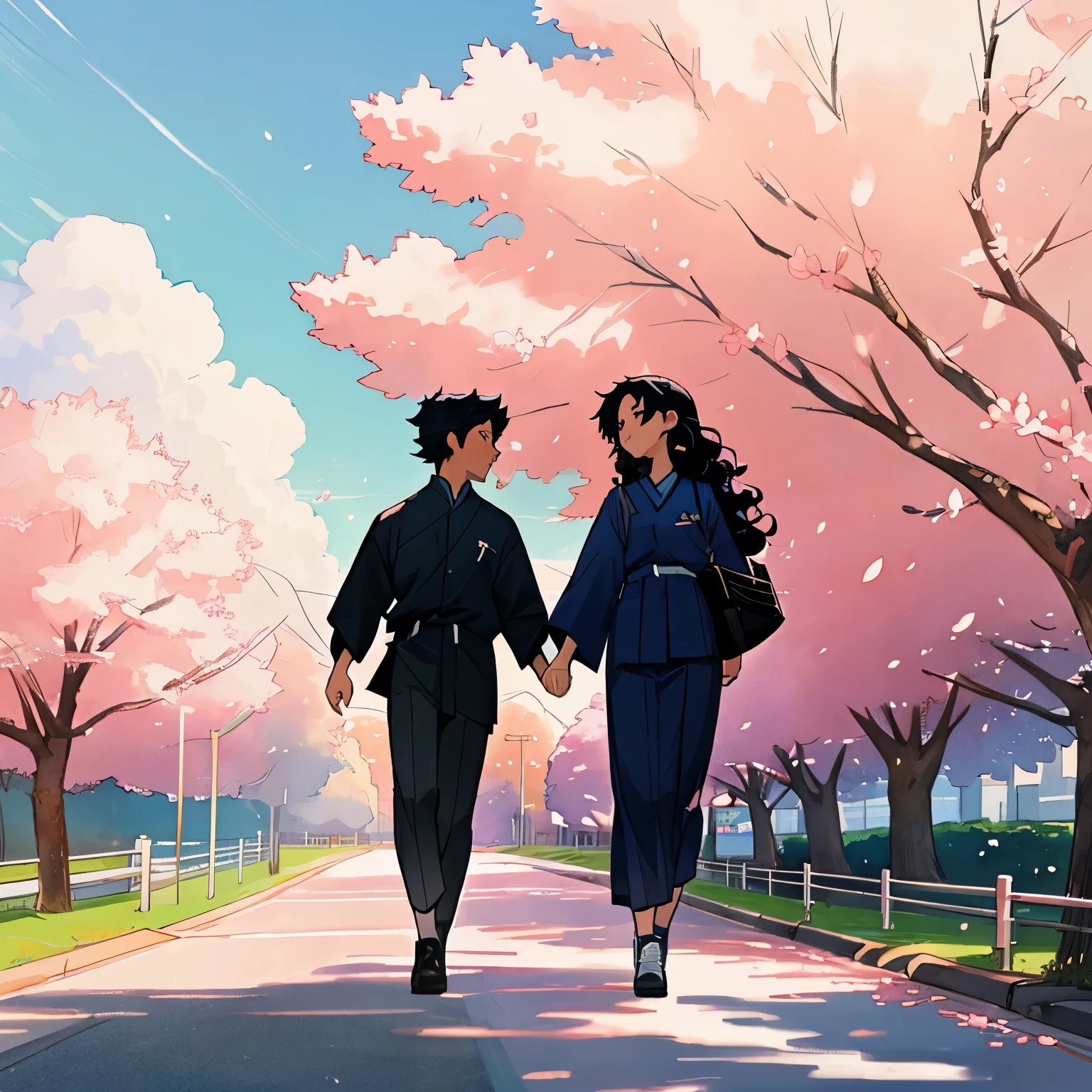 blue skies and white clouds,The road is lined with beautiful cherry blossom trees,estilo aquarela, with a couple walking together holding hands, the woman has curly hair and is black with an anime style student outfit and the man is an Asian with very black hair wearing a student outfit