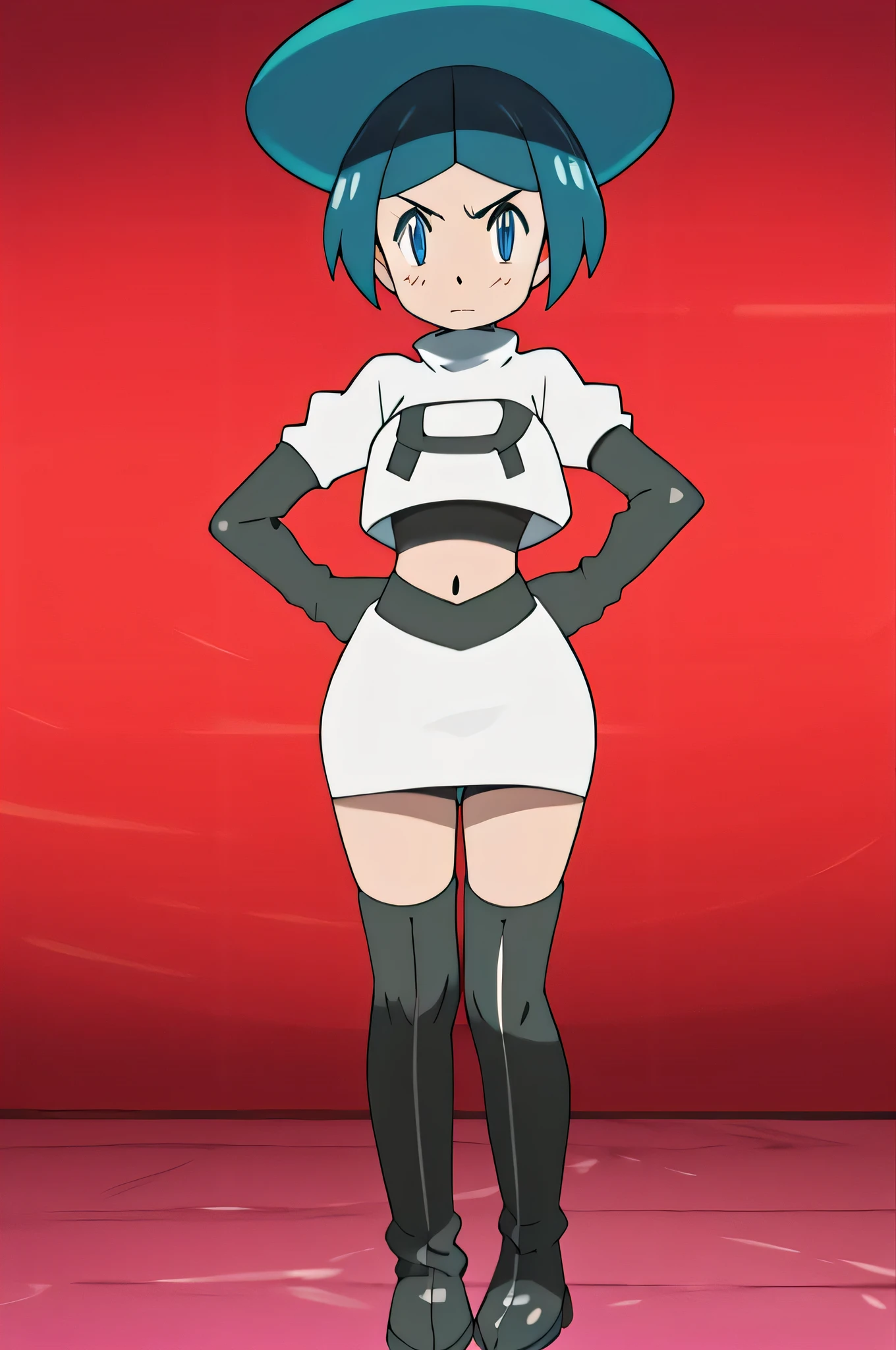 team rocket uniform, red letter r, white skirt, white crop top, black thigh-high boots, black elbow gloves, glaring angrily, looking at viewer, hands on hips, zettai ryouiki, top hat
