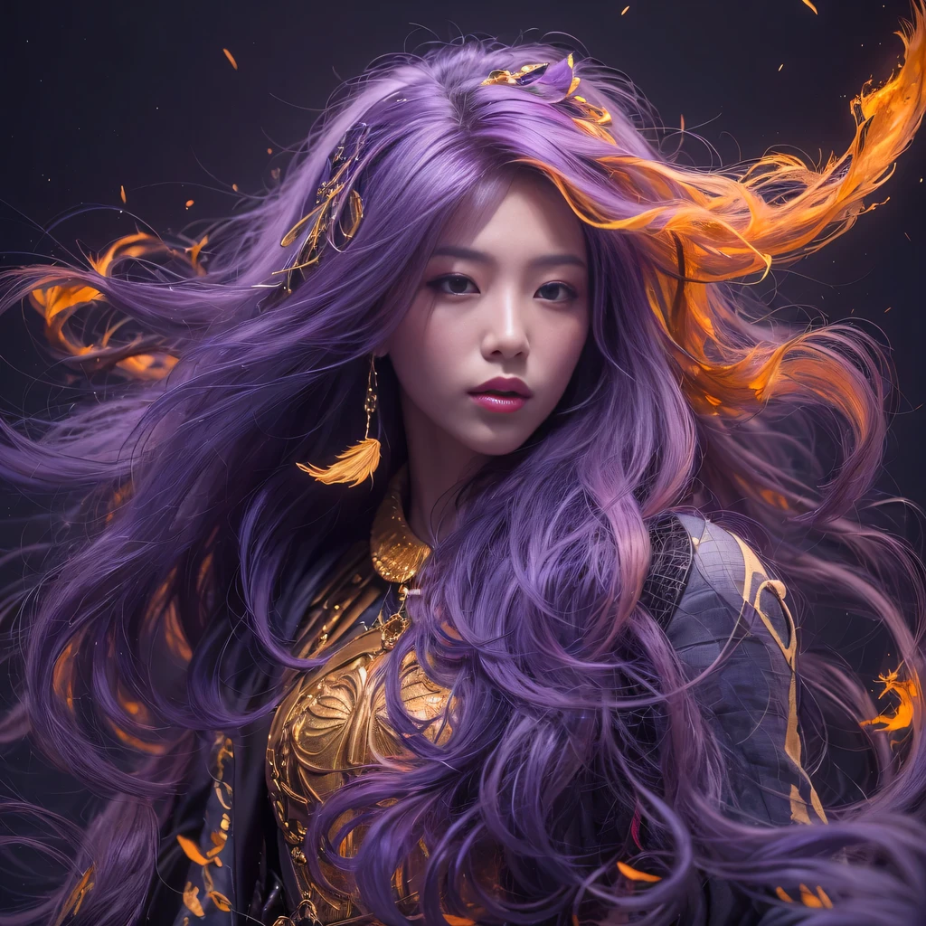 32k(masterpiece,HD,超HD,32k)Bright purple flowing hair,autumn pond,we disagree, a color, Asian (Michiko), (silk scarf), fighting stance, looking at the ground, Orange gradient long hair, Floating bright purple, Fire cloud gold headdress, Chinese long-sleeved gold silk garment, (Abstract ink splash:1.2),mars background,lotus(realistically:1.4),Bright purple hair,Smoke on the road,The background is very pure, high resolution, detail, original photo, Sharp Re, Nikon D850 film photo by Jefferies Lee 4 Kodak Portra 400 camera F1.6 guns, rich and colorful, Super real、Vivid textures, dramatic lighting, Unreal Engine Art Station Trend, Silicon Nest 800,Bright purple flowing hair