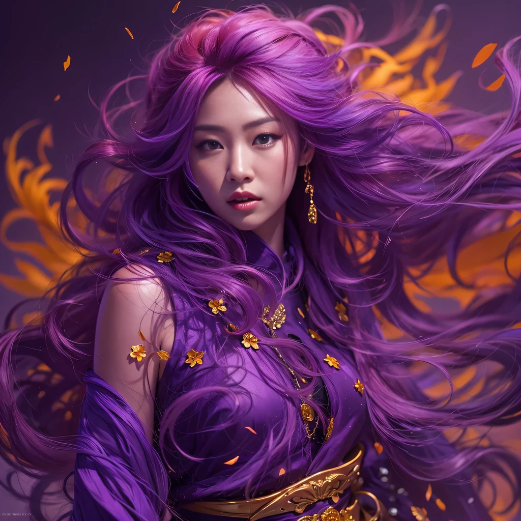 32k（masterpiece，HD，超HD，32k）Bright purple flowing hair，autumn pond，we disagree， a color， Asian （Michiko）， （silk scarf）， fighting stance， looking at the ground， Orange gradient long hair， Floating bright purple， Fire cloud gold headdress， Chinese long-sleeved gold silk garment， （Abstract ink splash：1.2），mars background，lotus（realistically：1.4），Bright purple hair，Smoke on the road，The background is very pure， high resolution， detail， original photo， Sharp Re， Nikon D850 film photo by Jefferies Lee 4 Kodak Portra 400 camera F1.6 guns, rich and colorful, Super real、Vivid textures, dramatic lighting, Unreal Engine Art Station Trend, Silicon Nest 800，Bright purple flowing hair