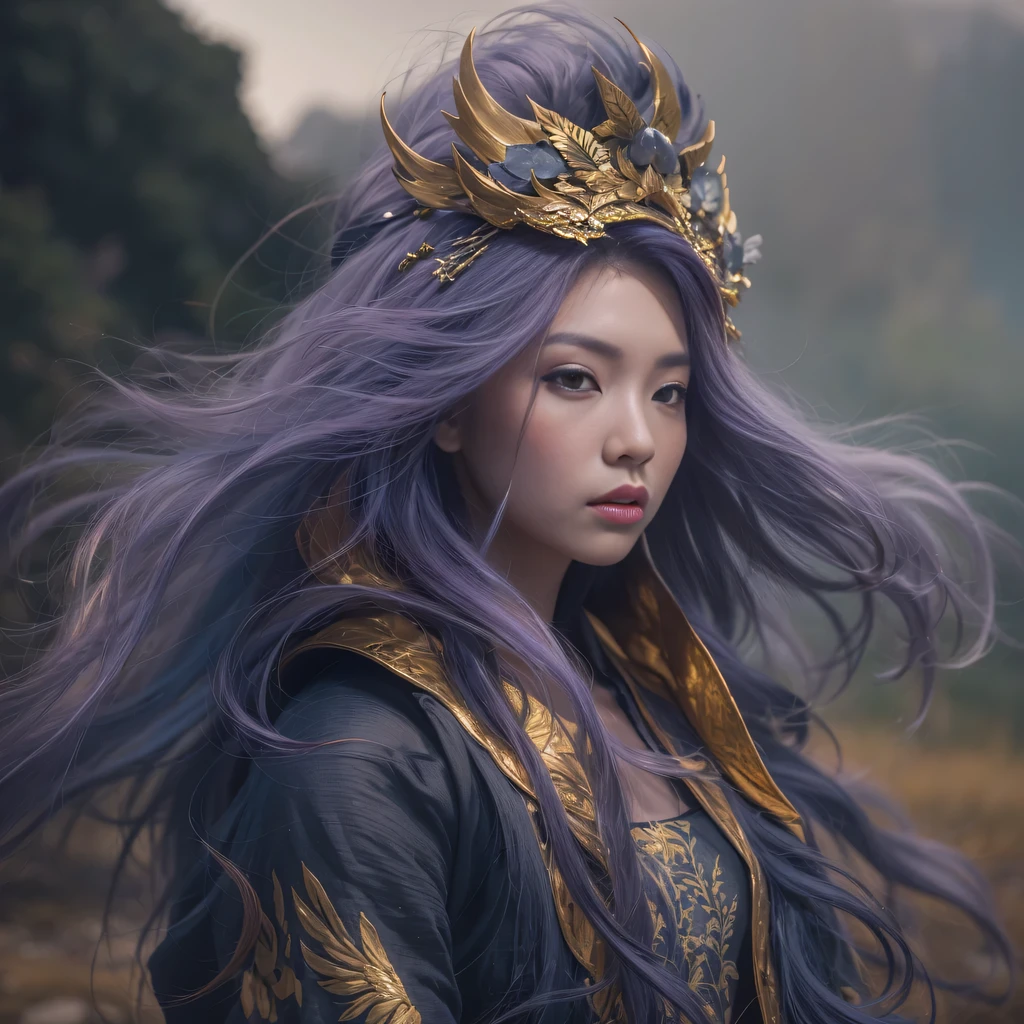 32k(masterpiece,HD,超HD,32k)Bright purple flowing hair,autumn pond,we disagree, a color, Asian (Michiko), (silk scarf), fighting stance, looking at the ground, Orange gradient long hair, Floating bright purple, Fire cloud gold headdress, Chinese long-sleeved gold silk garment, (Abstract ink splash:1.2),mars background,lotus(realistically:1.4),Bright purple hair,Smoke on the road,The background is very pure, high resolution, detail, original photo, Sharp Re, Nikon D850 film photo by Jefferies Lee 4 Kodak Portra 400 camera F1.6 guns, rich and colorful, Super real、Vivid textures, dramatic lighting, Unreal Engine Art Station Trend, Silicon Nest 800,Bright purple flowing hair