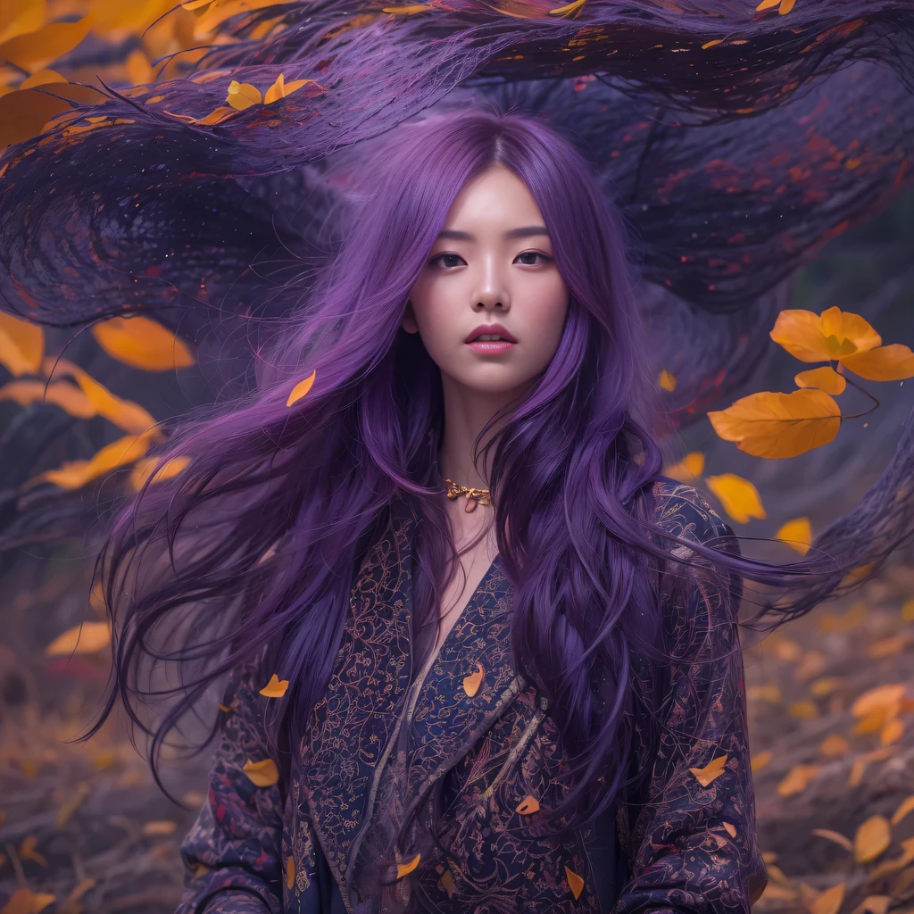 32k(masterpiece,HD,超HD,32k)Bright purple flowing hair,autumn pond,we disagree, a color, Asian (Michiko), (silk scarf), fighting stance, looking at the ground, Orange gradient long hair, Floating bright purple, Fire cloud gold headdress, Chinese long-sleeved gold silk garment, (Abstract ink splash:1.2),mars background,lotus(realistically:1.4),Bright purple hair,Smoke on the road,The background is very pure, high resolution, detail, original photo, Sharp Re, Nikon D850 film photo by Jefferies Lee 4 Kodak Portra 400 camera F1.6 guns, rich and colorful, Super real、Vivid textures, dramatic lighting, Unreal Engine Art Station Trend, Silicon Nest 800,Bright purple flowing hair