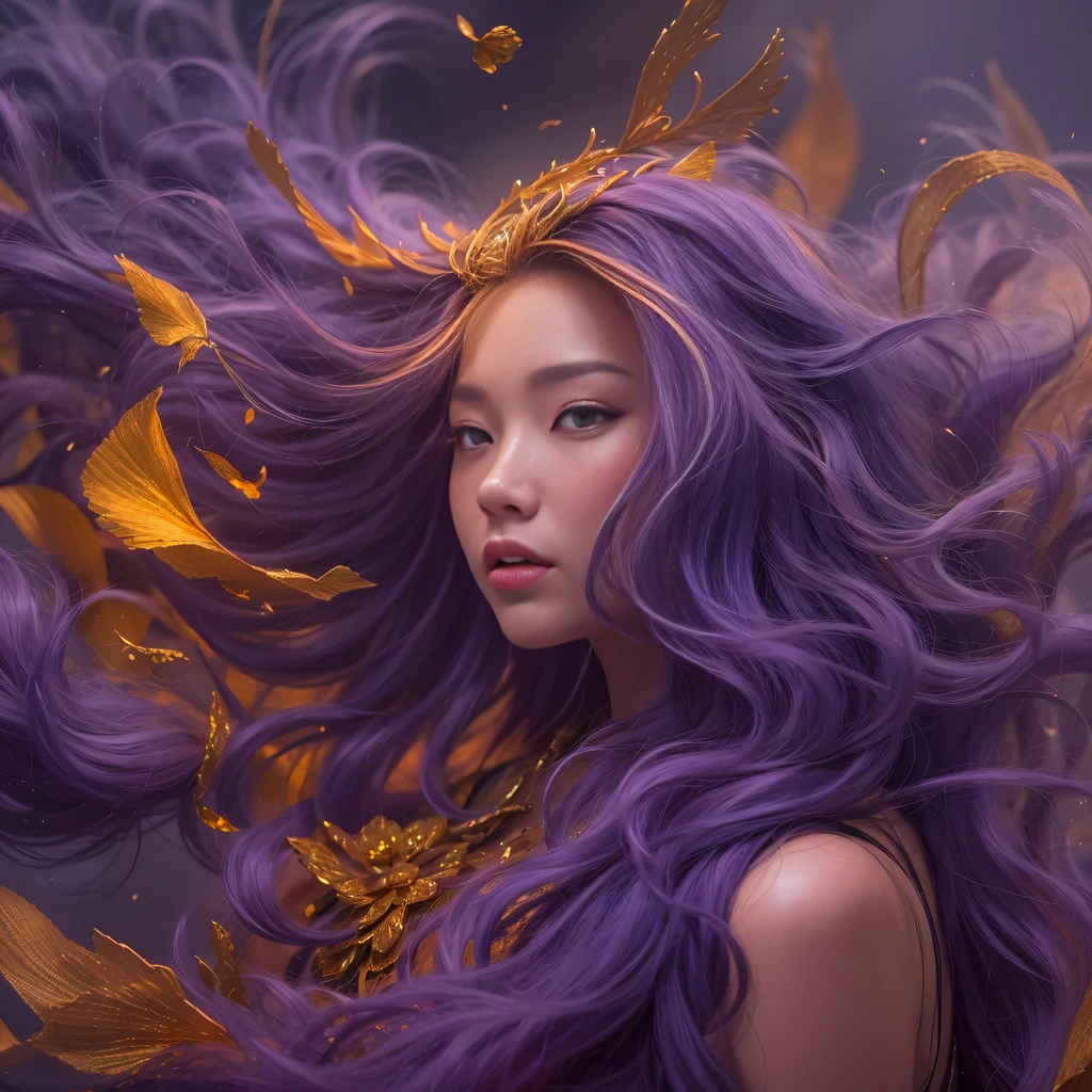 32k(masterpiece,HD,超HD,32k)Bright purple flowing hair,autumn pond,we disagree, a color, Asian (Michiko), (silk scarf), fighting stance, looking at the ground, Orange gradient long hair, Floating bright purple, Fire cloud gold headdress, Chinese long-sleeved gold silk garment, (Abstract ink splash:1.2),mars background,lotus(realistically:1.4),Bright purple hair,Smoke on the road,The background is very pure, high resolution, detail, original photo, Sharp Re, Nikon D850 film photo by Jefferies Lee 4 Kodak Portra 400 camera F1.6 guns, rich and colorful, Super real、Vivid textures, dramatic lighting, Unreal Engine Art Station Trend, Silicon Nest 800,Bright purple flowing hair