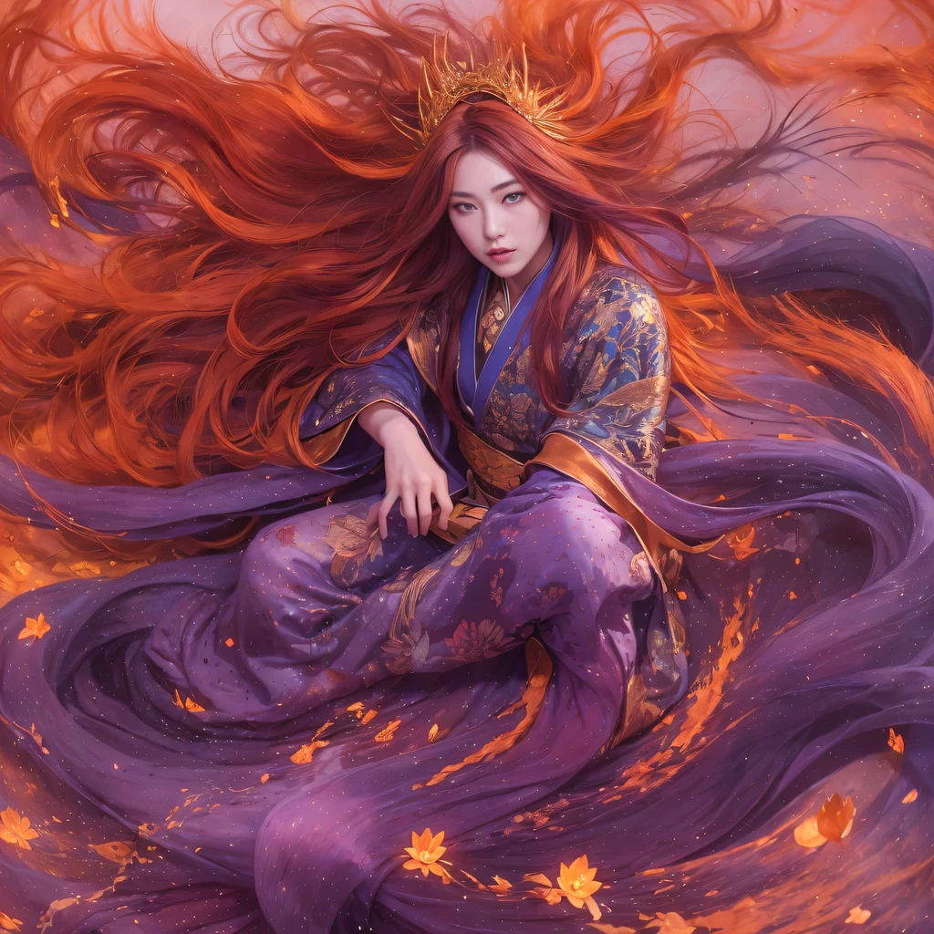 32k(masterpiece,HD,超HD,32k)Bright purple flowing hair,autumn pond,we disagree, a color, Asian (Michiko), (silk scarf), fighting stance, looking at the ground, Orange gradient long hair, Floating bright purple, Fire cloud gold headdress, Chinese long-sleeved gold silk garment, (Abstract ink splash:1.2),mars background,lotus(realistically:1.4),Bright purple hair,Smoke on the road,The background is very pure, high resolution, detail, original photo, Sharp Re, Nikon D850 film photo by Jefferies Lee 4 Kodak Portra 400 camera F1.6 guns, rich and colorful, Super real、Vivid textures, dramatic lighting, Unreal Engine Art Station Trend, Silicon Nest 800,Bright purple flowing hair